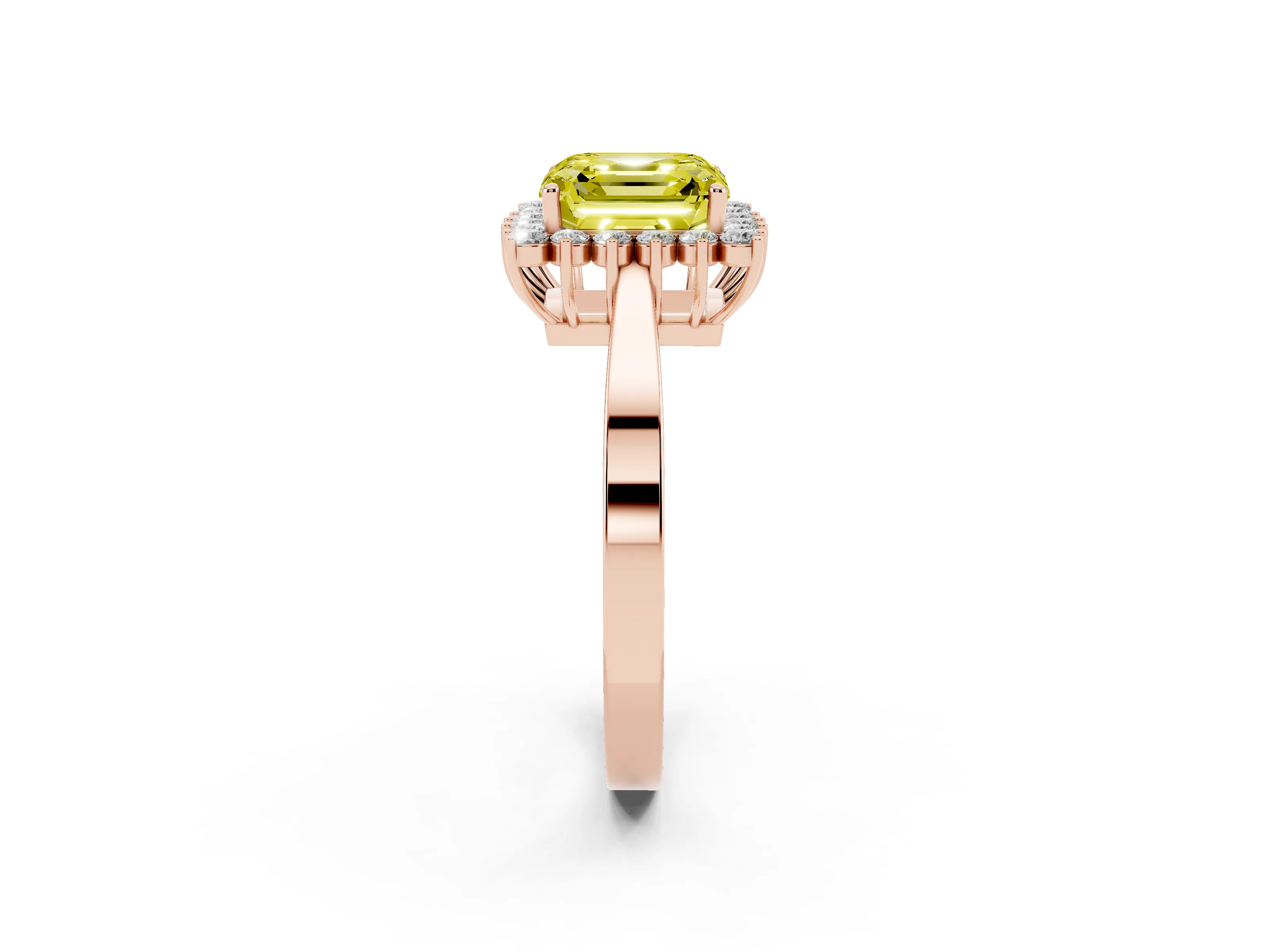 Fancy Yellow Asscher Cut Diamond Halo Ring Set in Rose gold with Round Halo and Smooth Solitaire Band