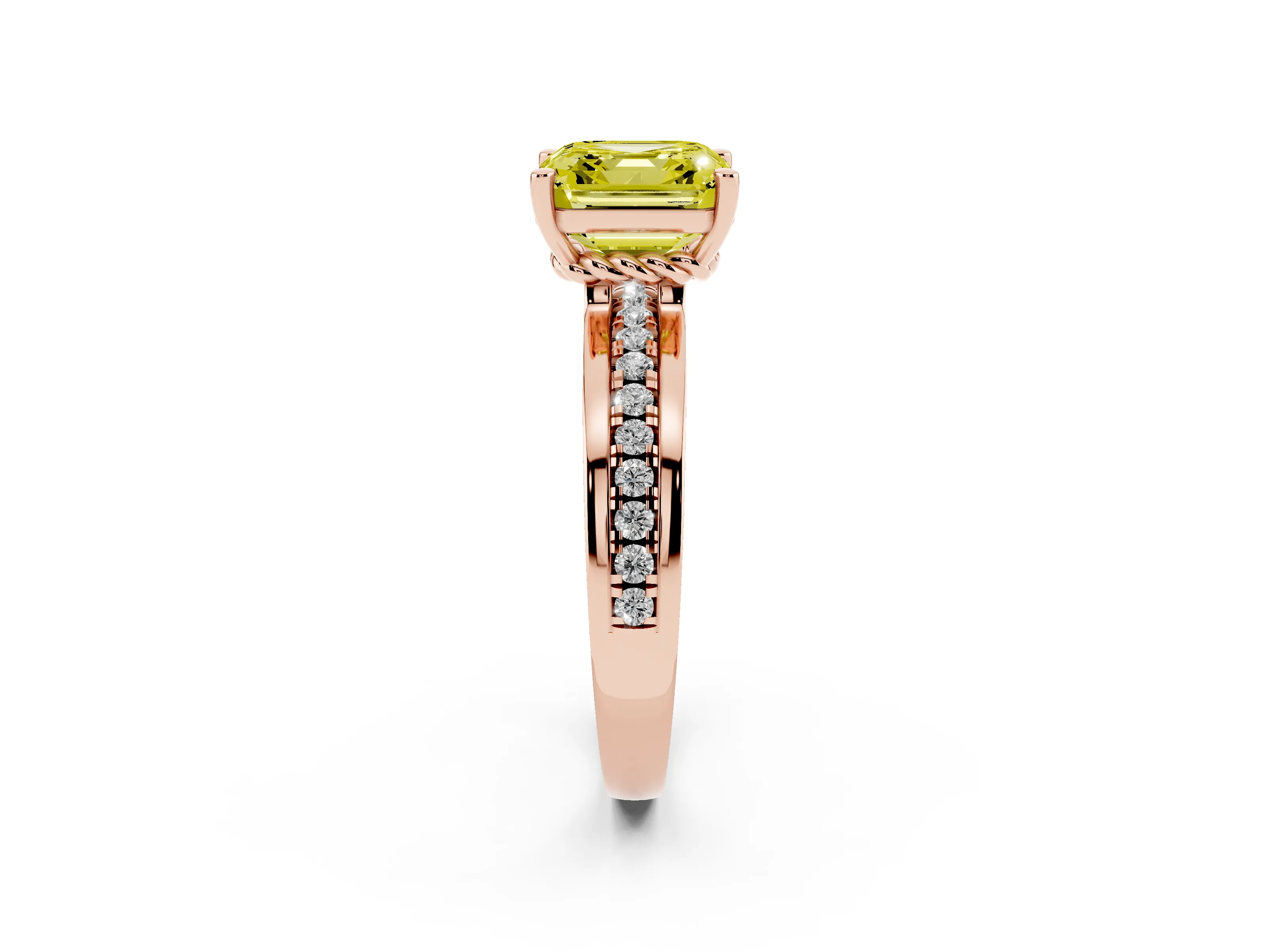 Fancy Yellow Asscher Cut Diamond Solitaire Ring Set in Rose gold with Channel Set Band and Prong Setting