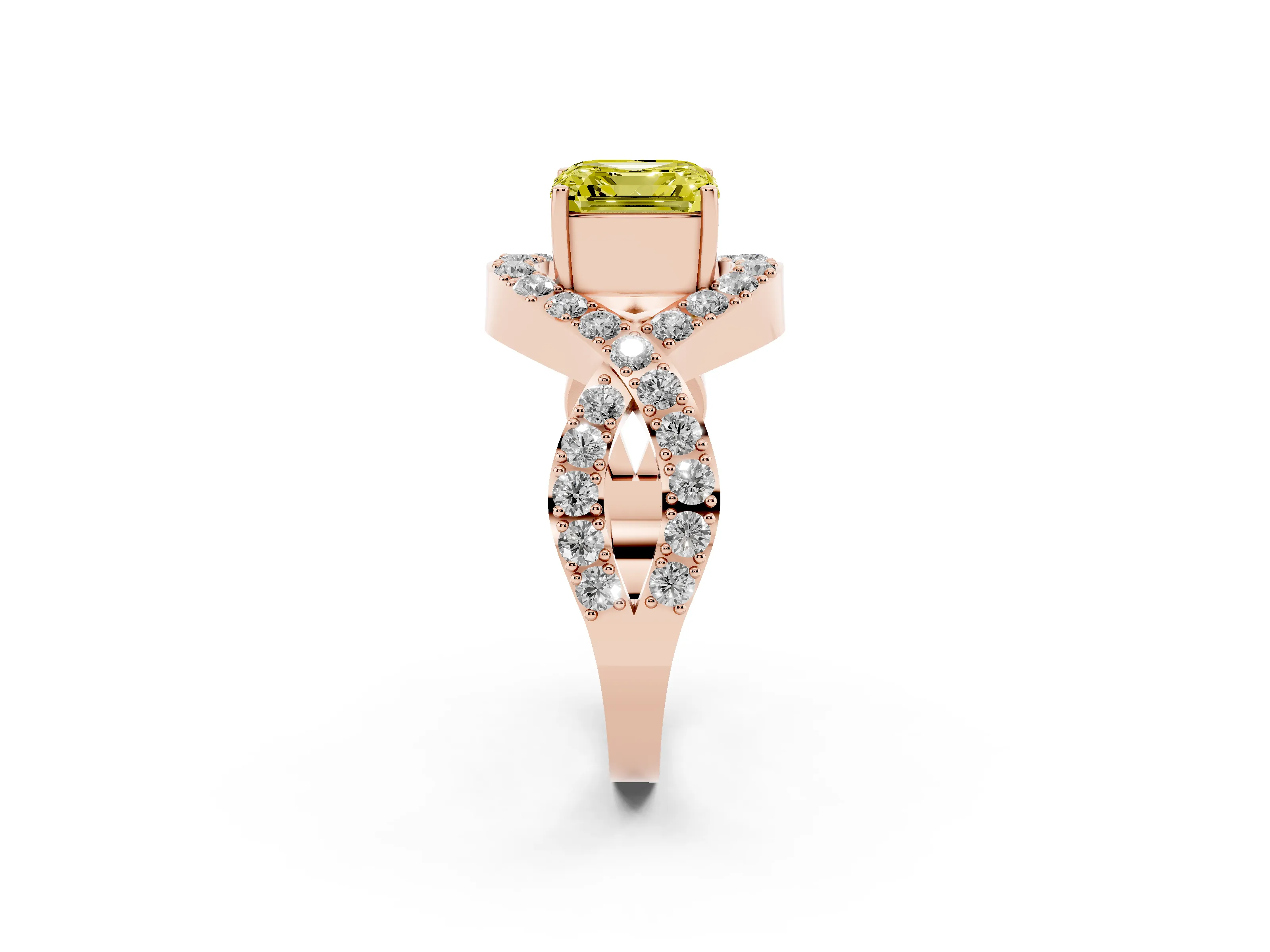 Fancy Yellow Asscher Cut Diamond Solitaire Twist Band Pavé Engagement Ring Set in Rose gold