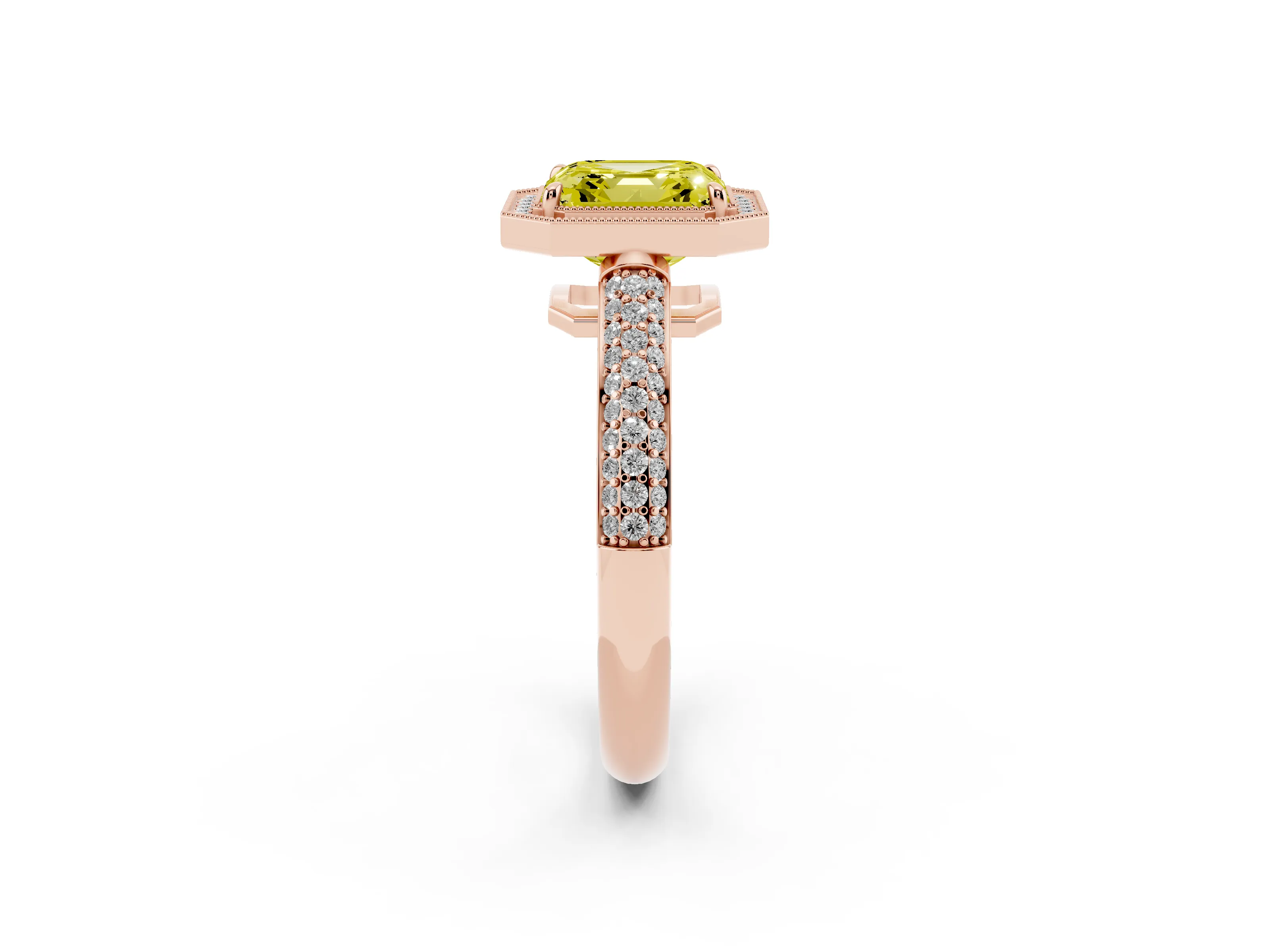 Fancy Yellow Asscher Cut Diamond Halo Pavé Band Set in Rose gold with Prong Setting