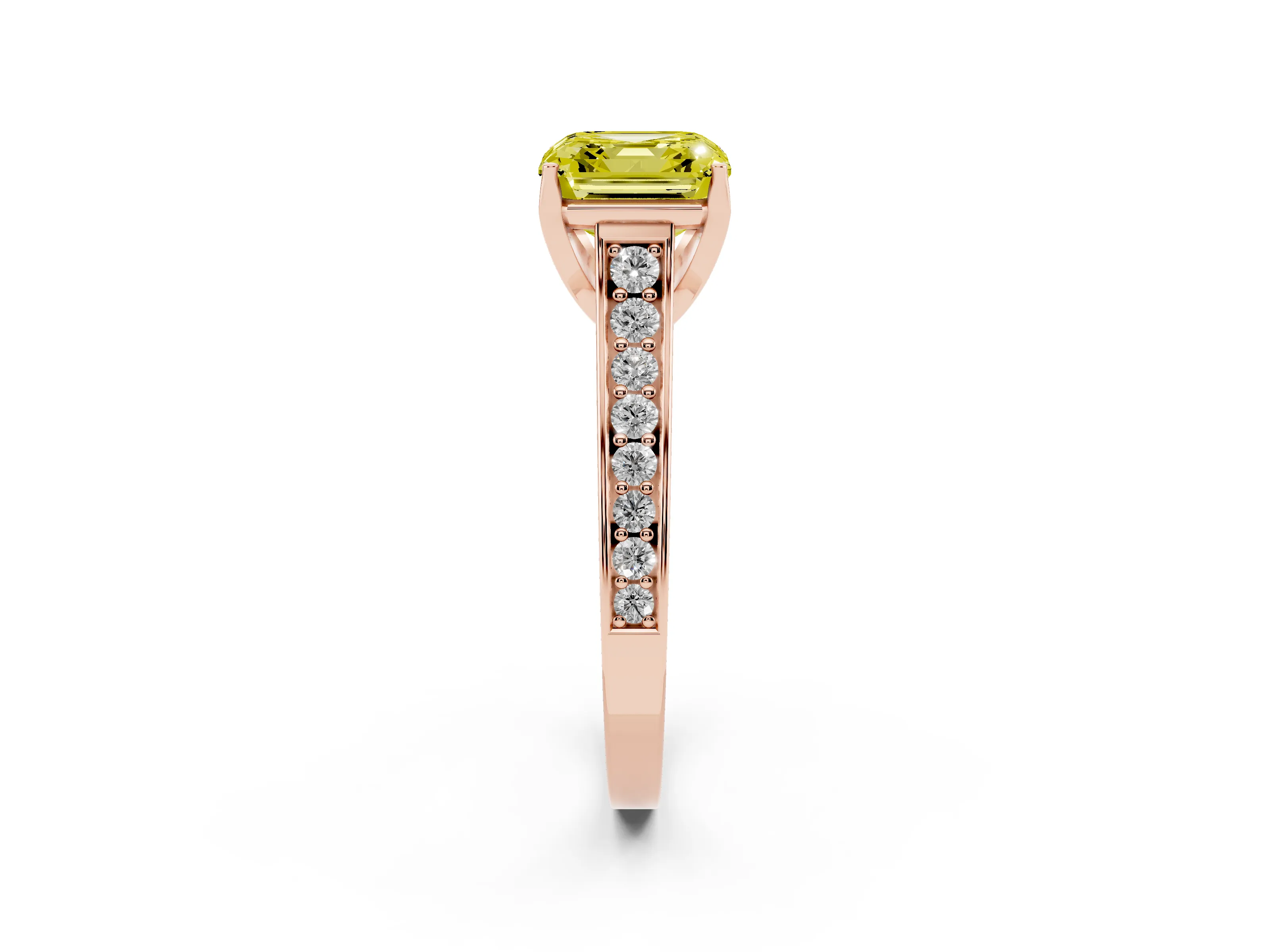 Fancy Yellow Asscher Cut Diamond Solitaire Pavé Engagement Ring Set in Rose gold with Prong Setting
