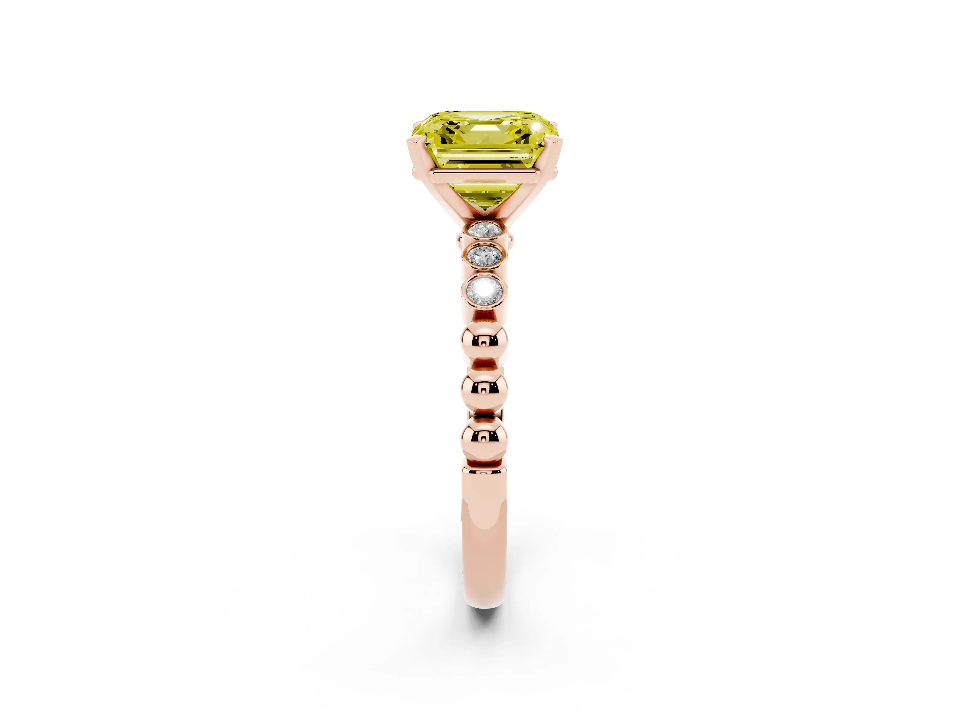 Fancy Yellow Asscher Cut Diamond Solitaire Engagement Ring Set in Rose gold with Bezel Accents on Beaded Band