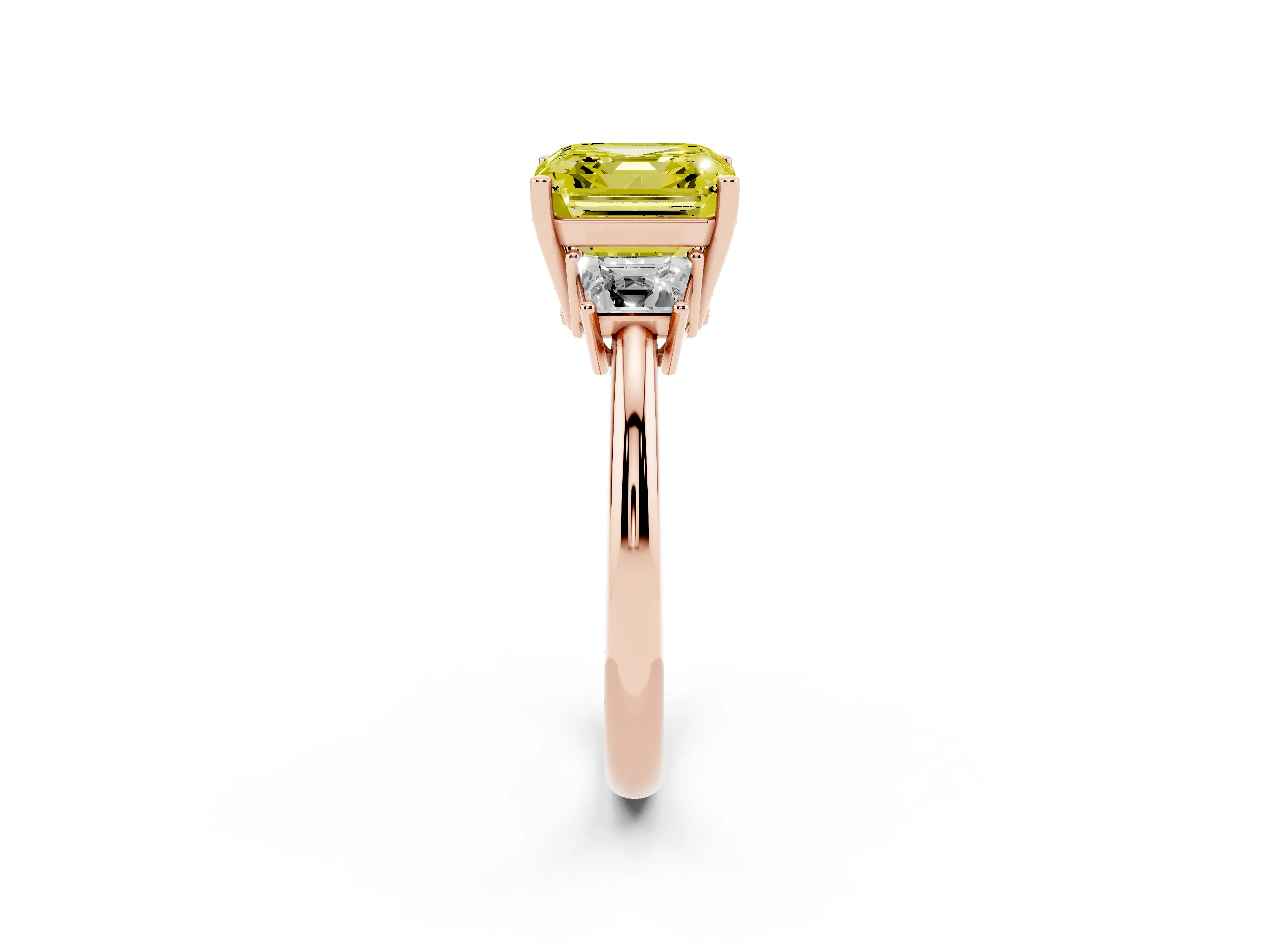 Fancy Yellow Asscher Cut Diamond Three-Stone Ring Set in Rose gold with Trapezoid Side Stones and Prong Setting
