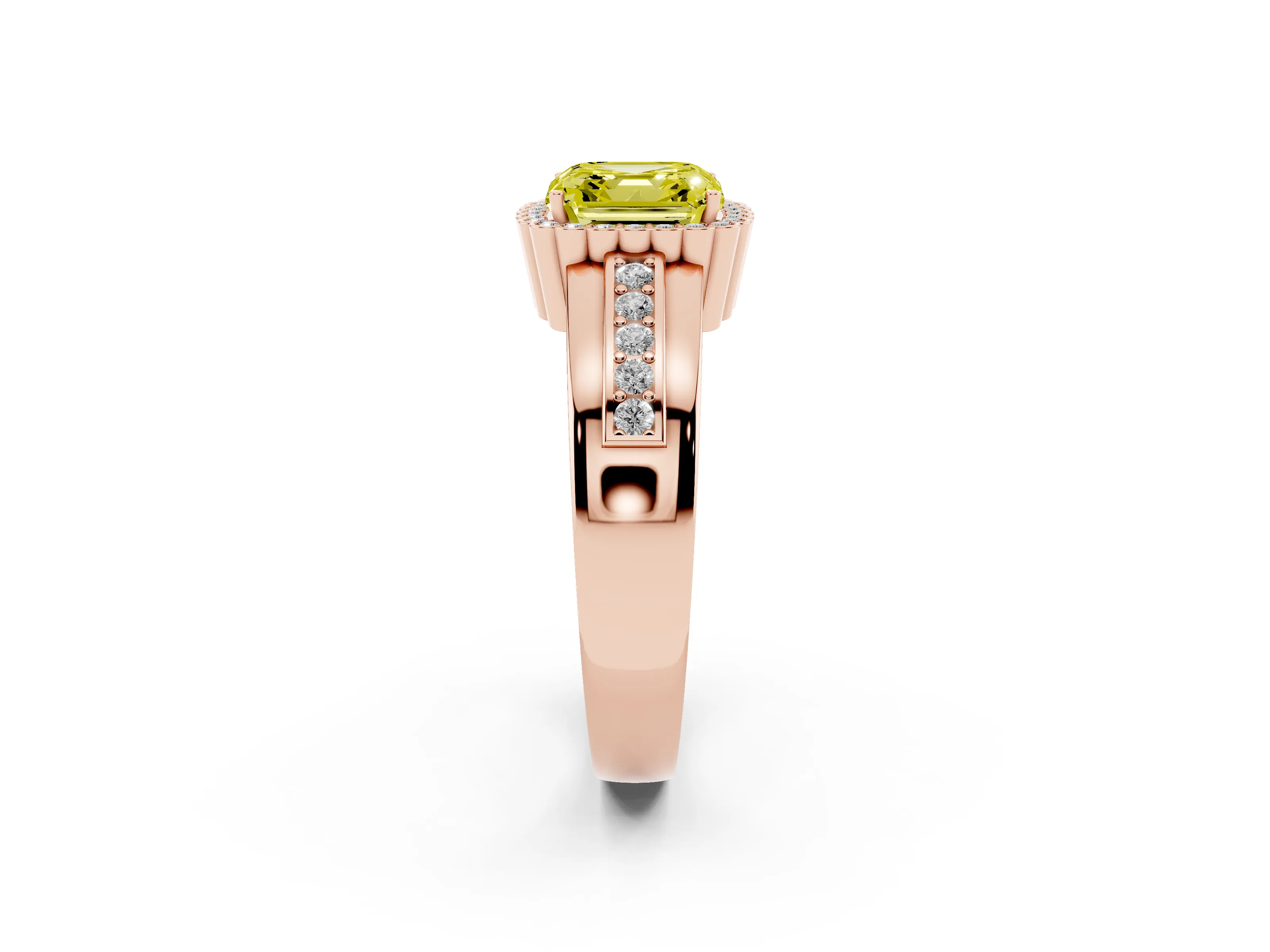 Fancy Yellow Asscher Cut Diamond Halo Prong Ring Set in Rose gold with Pavé Band