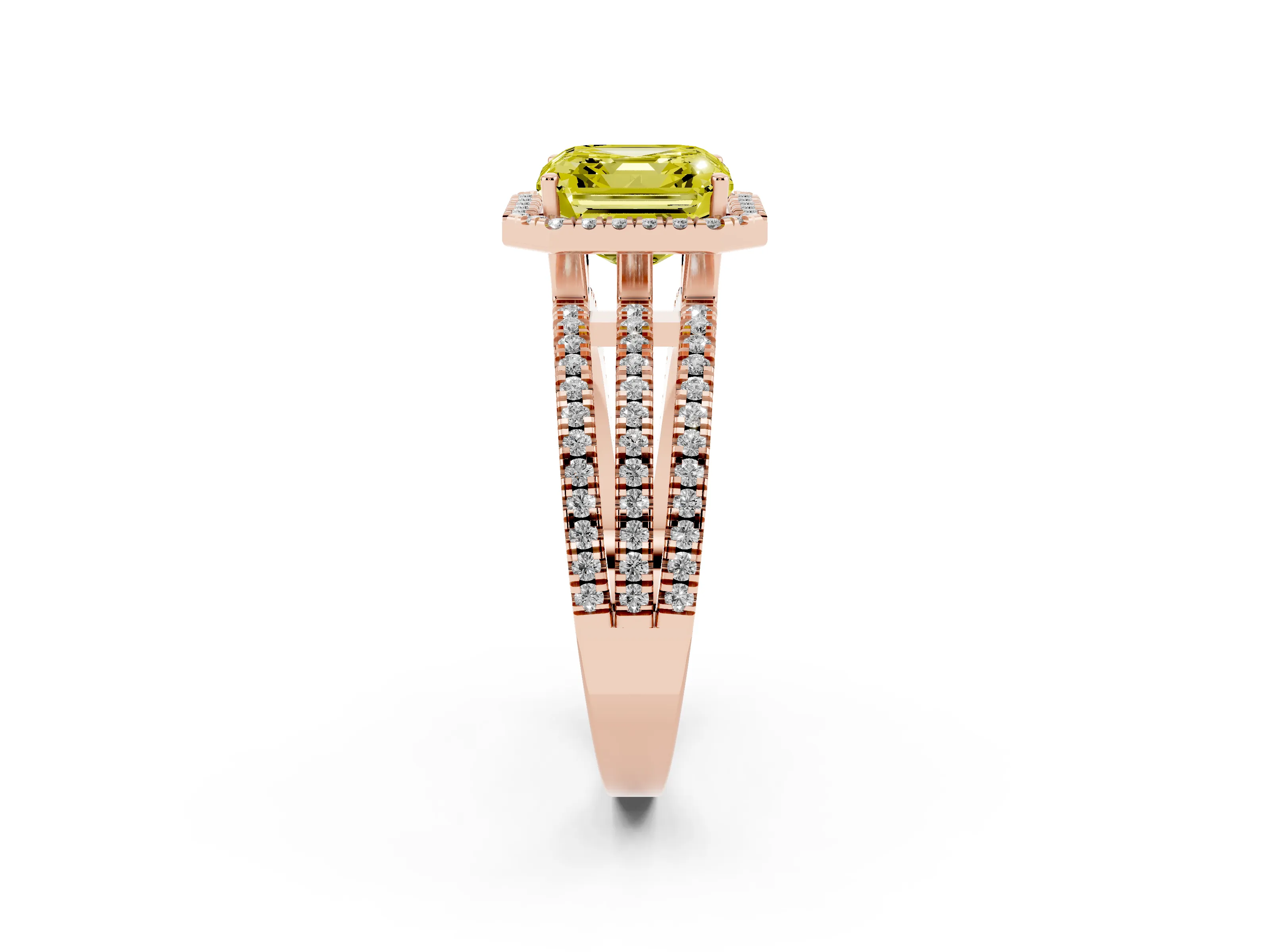 Fancy Yellow Asscher Cut Diamond Halo Split Shank Engagement Ring Set in Rose gold with Prong Setting