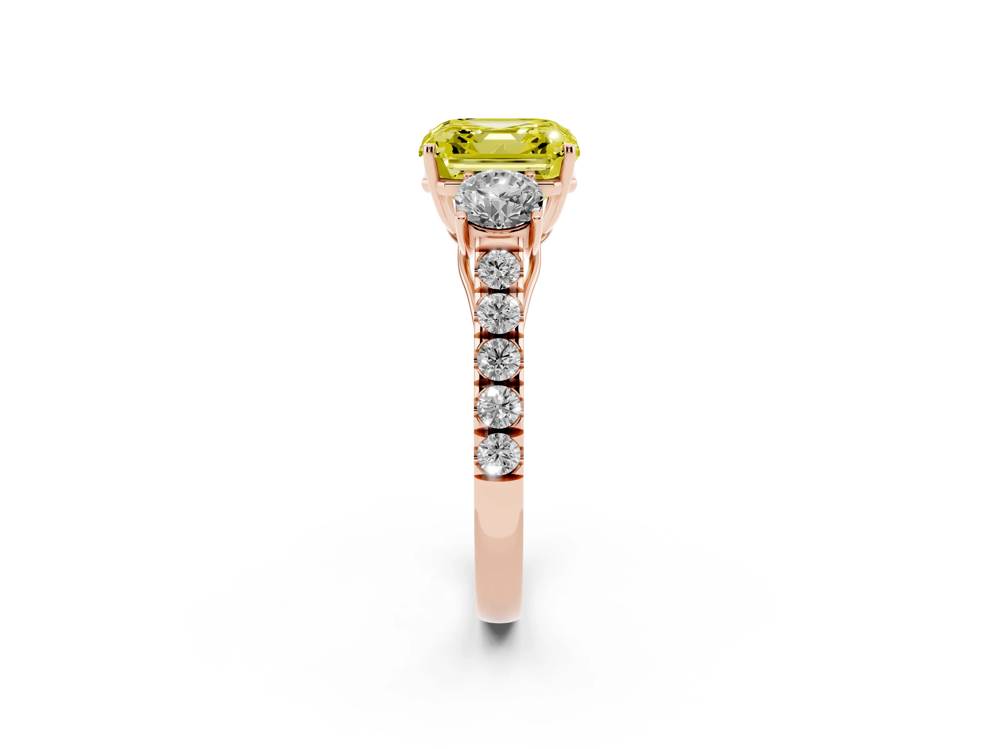 Fancy Yellow Asscher Cut Diamond Three-Stone Ring Set in Rose gold with Round Side Stones and Delicate Pavé Band