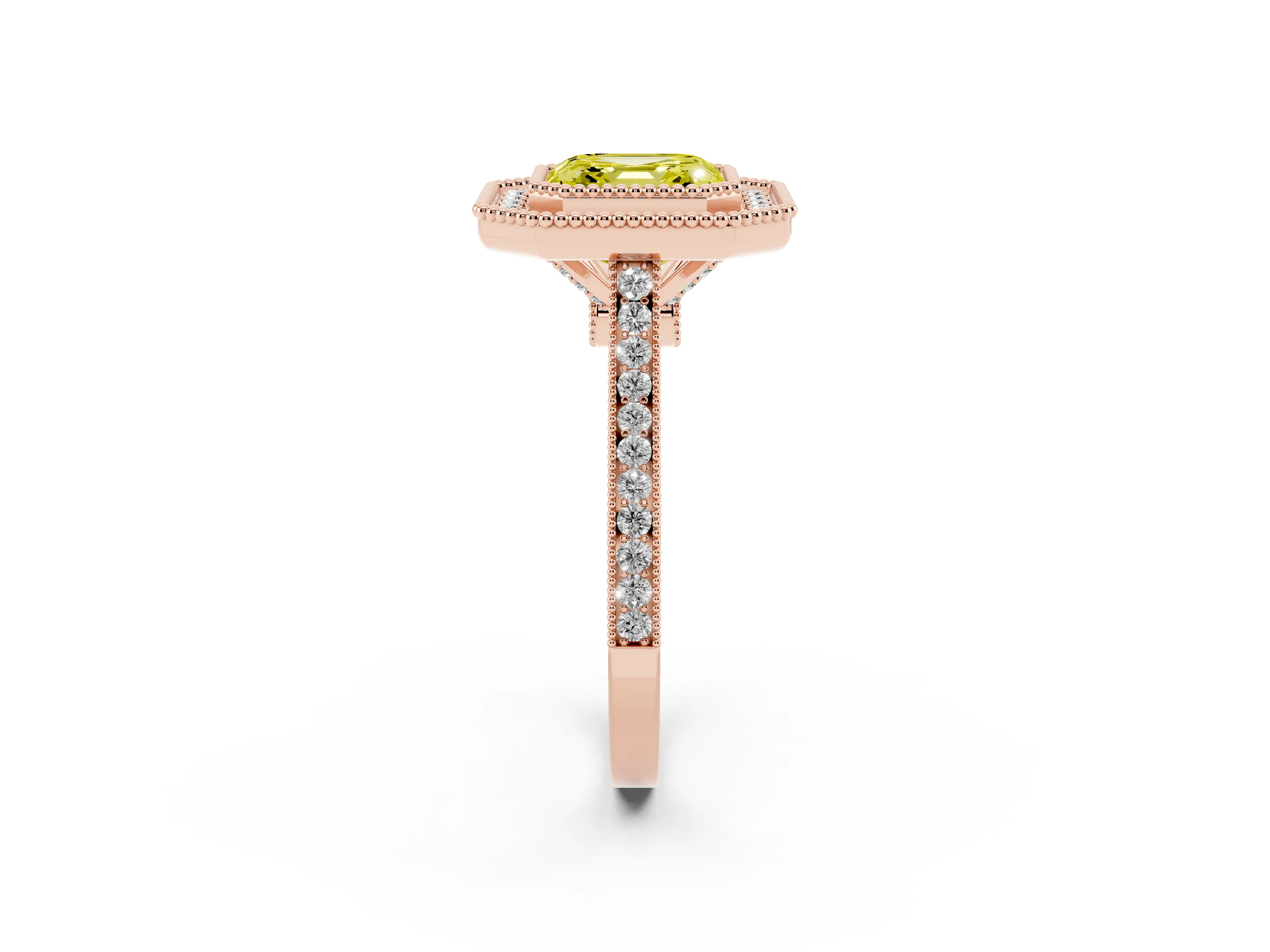 Fancy Yellow Asscher Cut Diamond Halo Ring Set in Rose gold with Milgrain Frame and Pavé Band