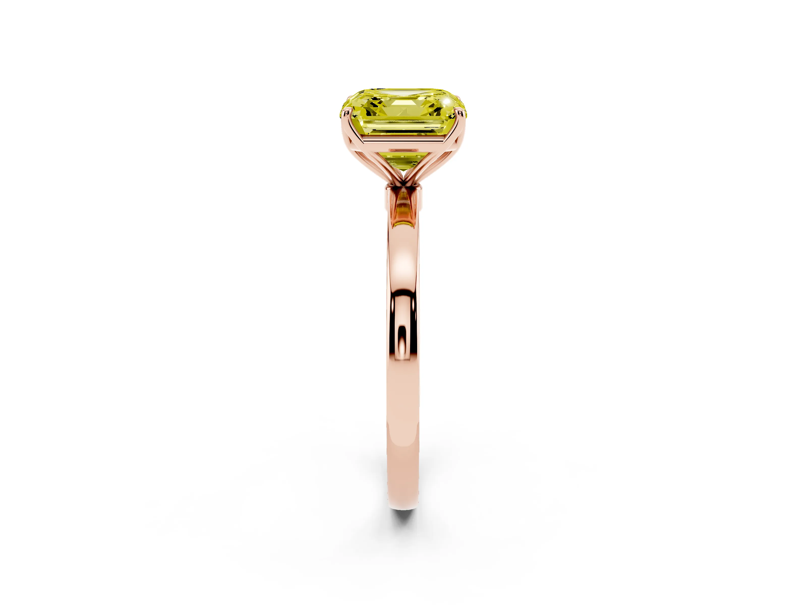 Fancy Yellow Asscher Cut Diamond Solitaire Ring Set in Rose gold with Prong Setting and Thin Polished Band