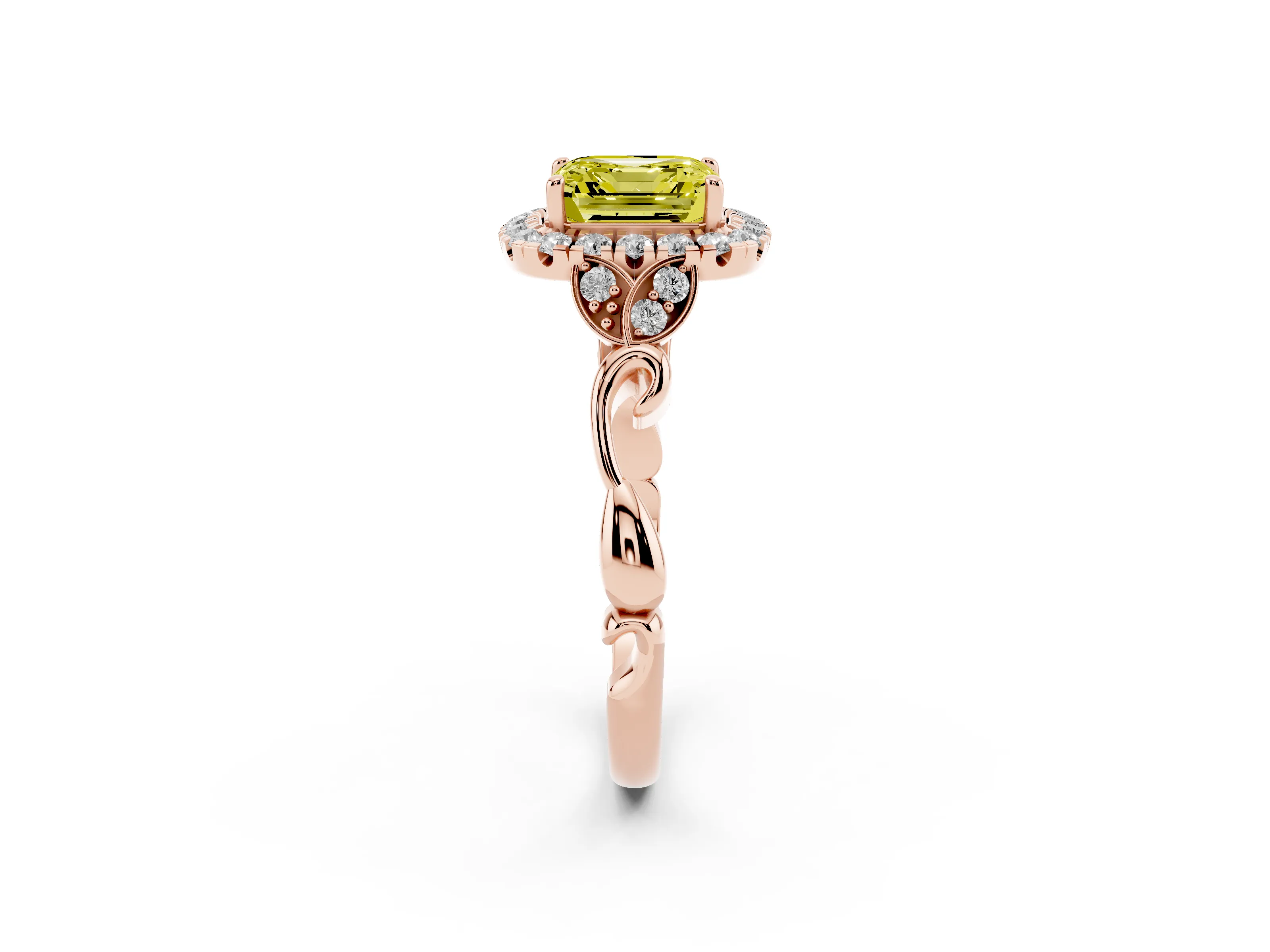 Fancy Yellow Asscher Cut Diamond Halo Engagement Ring Set in Rose gold with Vintage-Inspired Band and Prong Setting