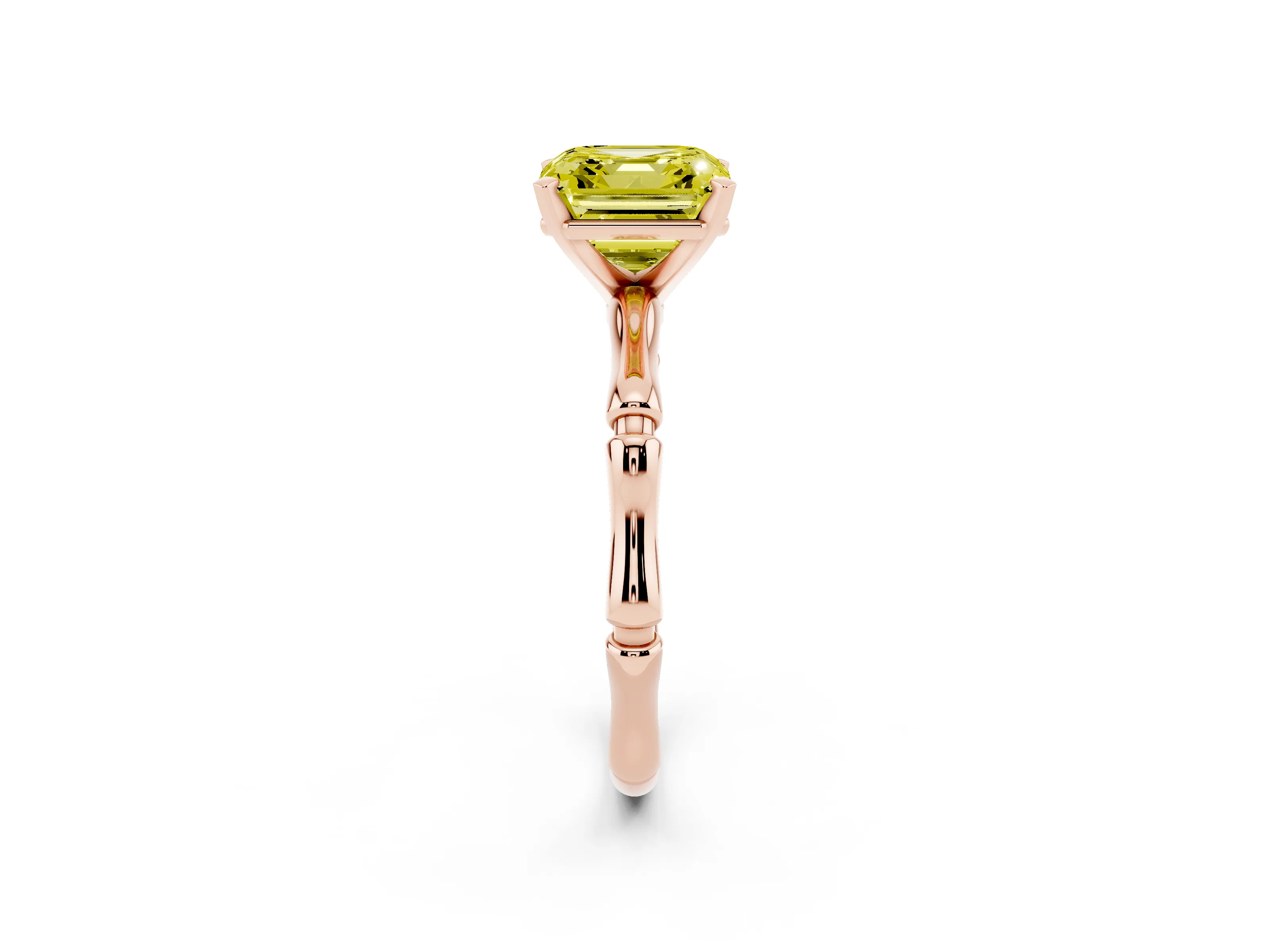 Fancy Yellow Asscher Cut Diamond Solitaire Ring Set in Rose gold with Bamboo Band and Prong Setting