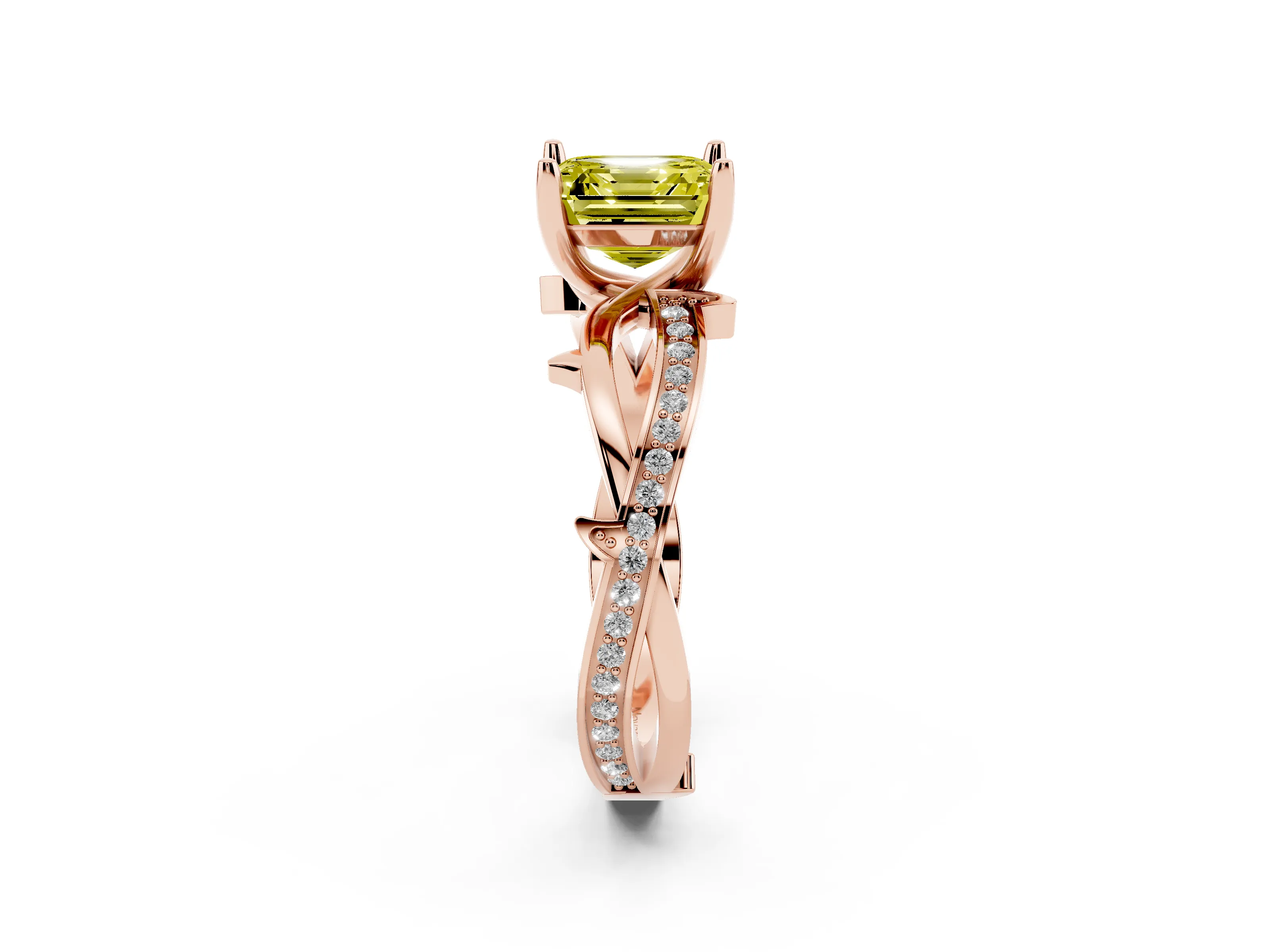Fancy Yellow Asscher Cut Diamond Pavé Twist Band Solitaire Ring Set in Rose gold with Prong Setting