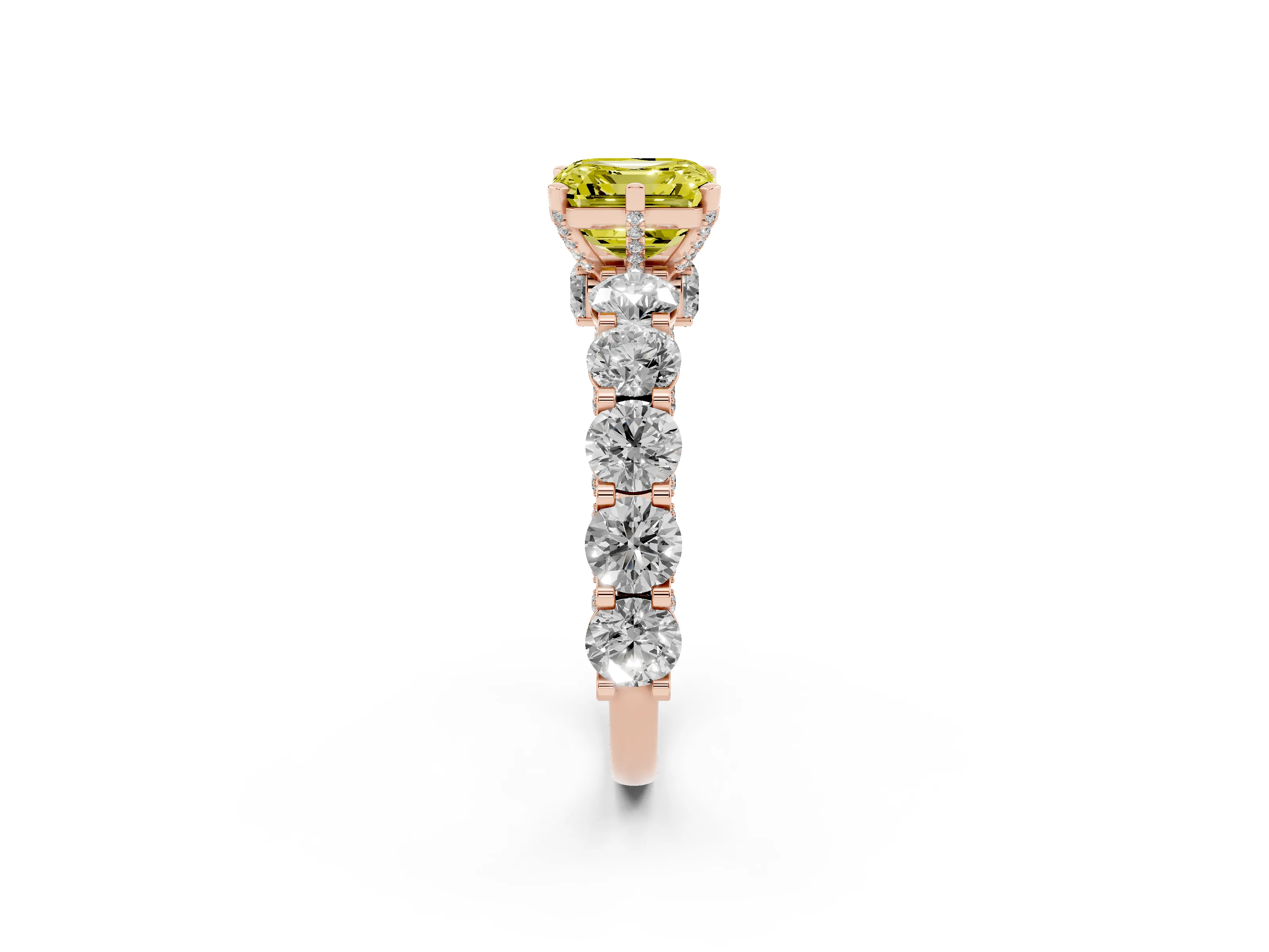 Fancy Yellow Asscher Cut Diamond Side Stone Ring Set in Rose gold with Alternating Round and Oval Side Stones
