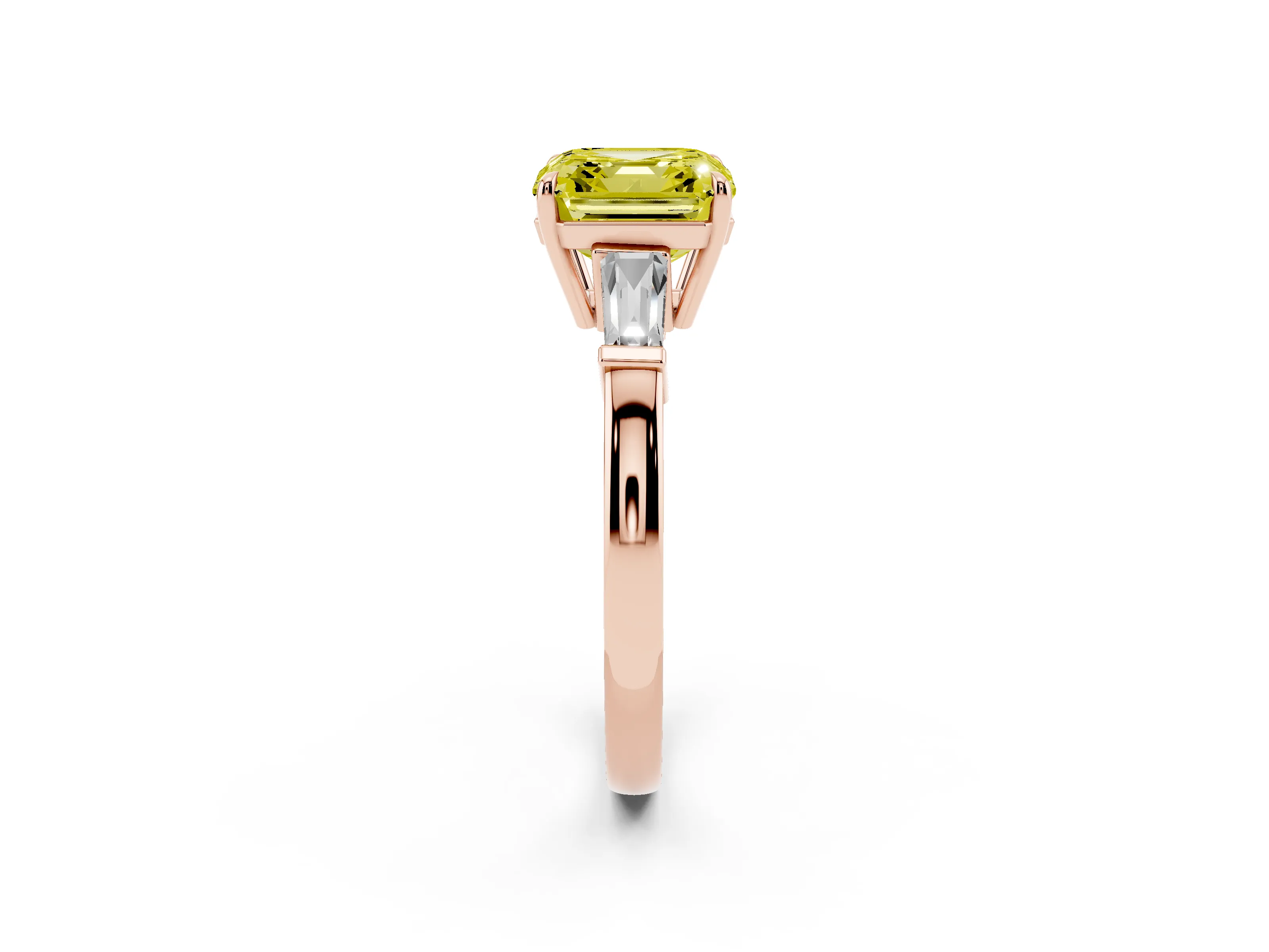 Fancy Yellow Asscher Cut Diamond Three-Stone Ring Set in Rose gold with Tapered Baguette Side Stones and Prong Setting