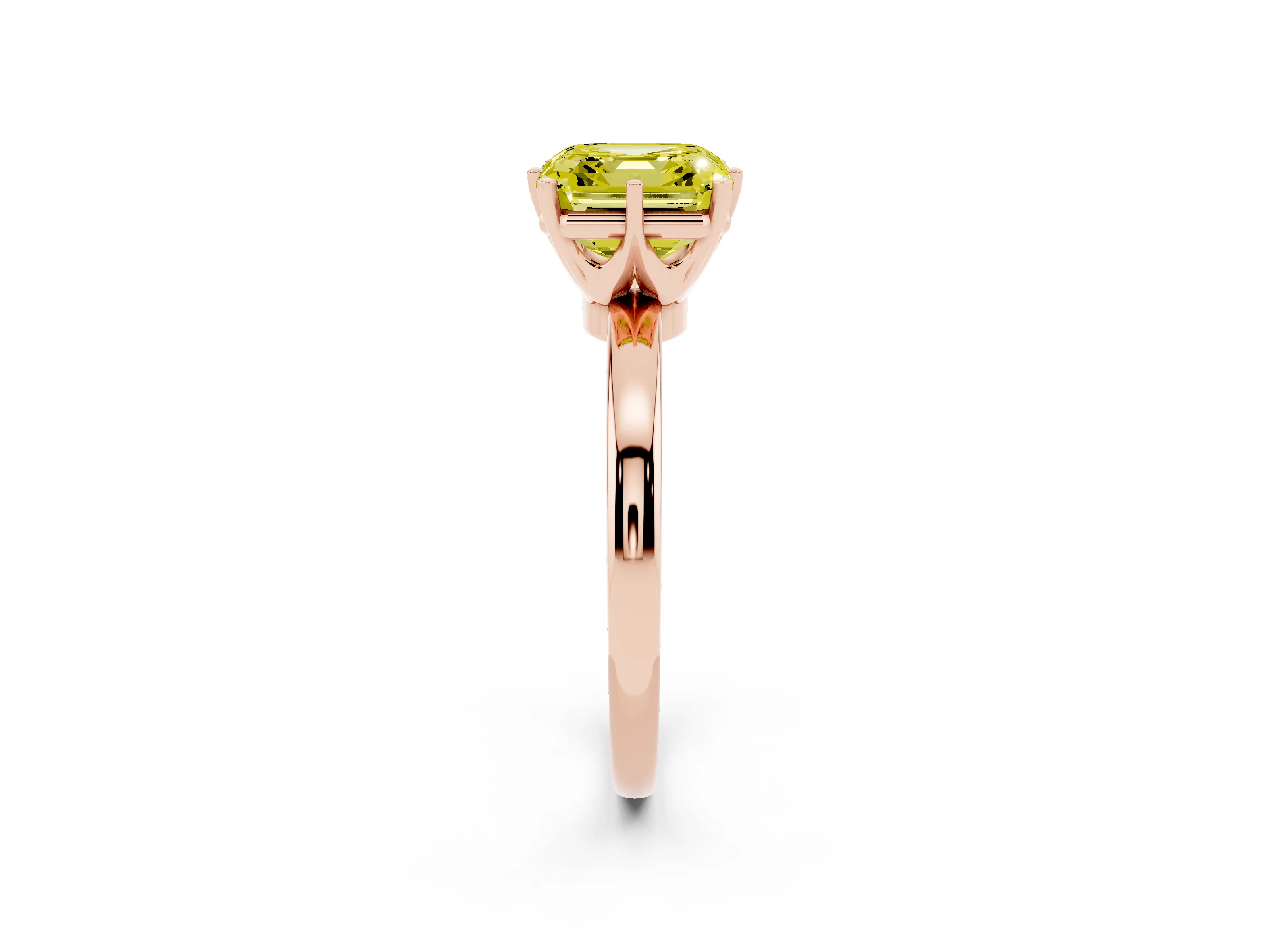 Fancy Yellow Asscher Cut Diamond Solitaire Ring Set in Rose gold with Raised Prong Setting on a Classic Band