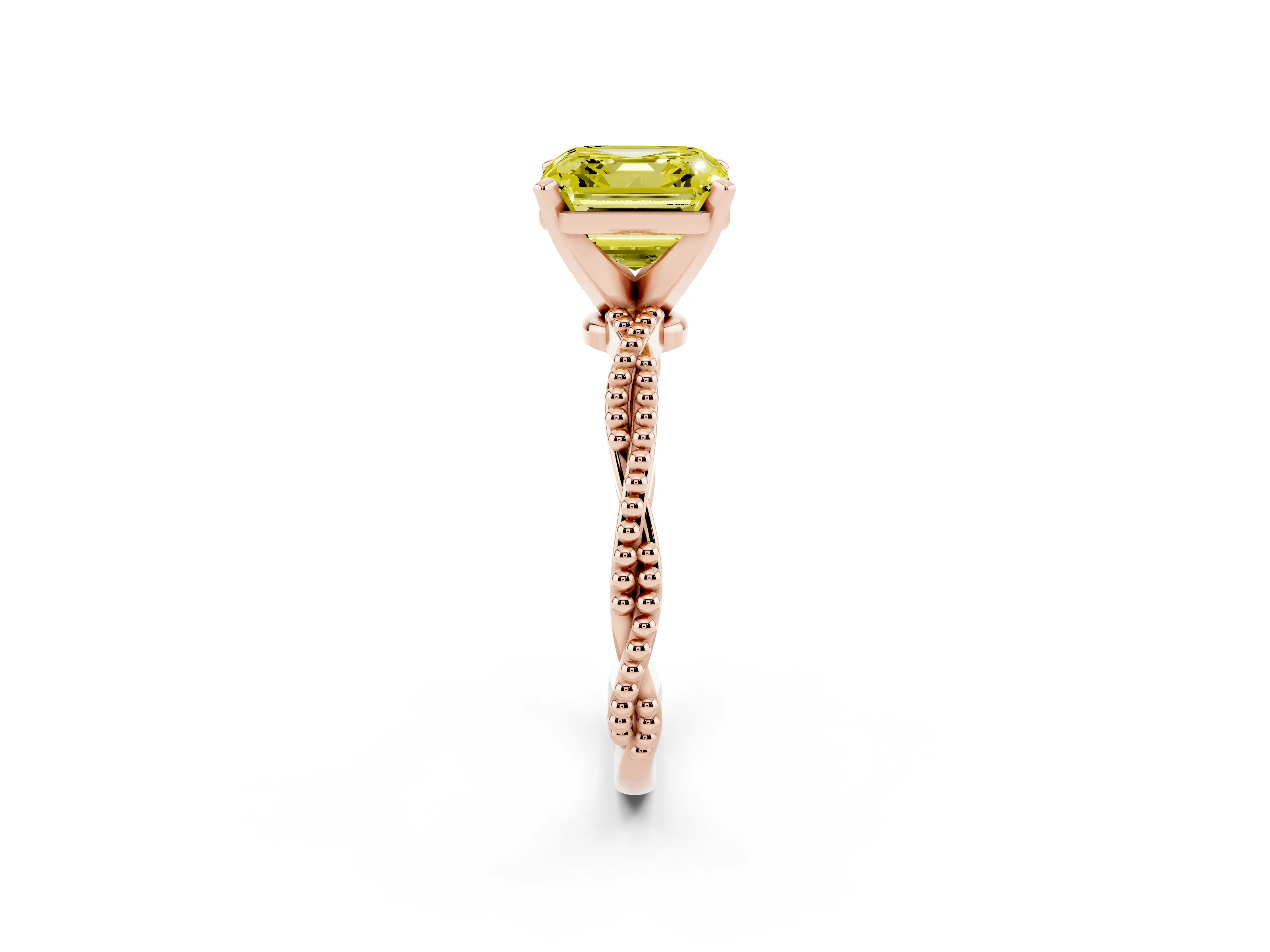 Fancy Yellow Asscher Cut Diamond Solitaire Ring Set in Rose gold with Twisted Band and Bead Prong Setting