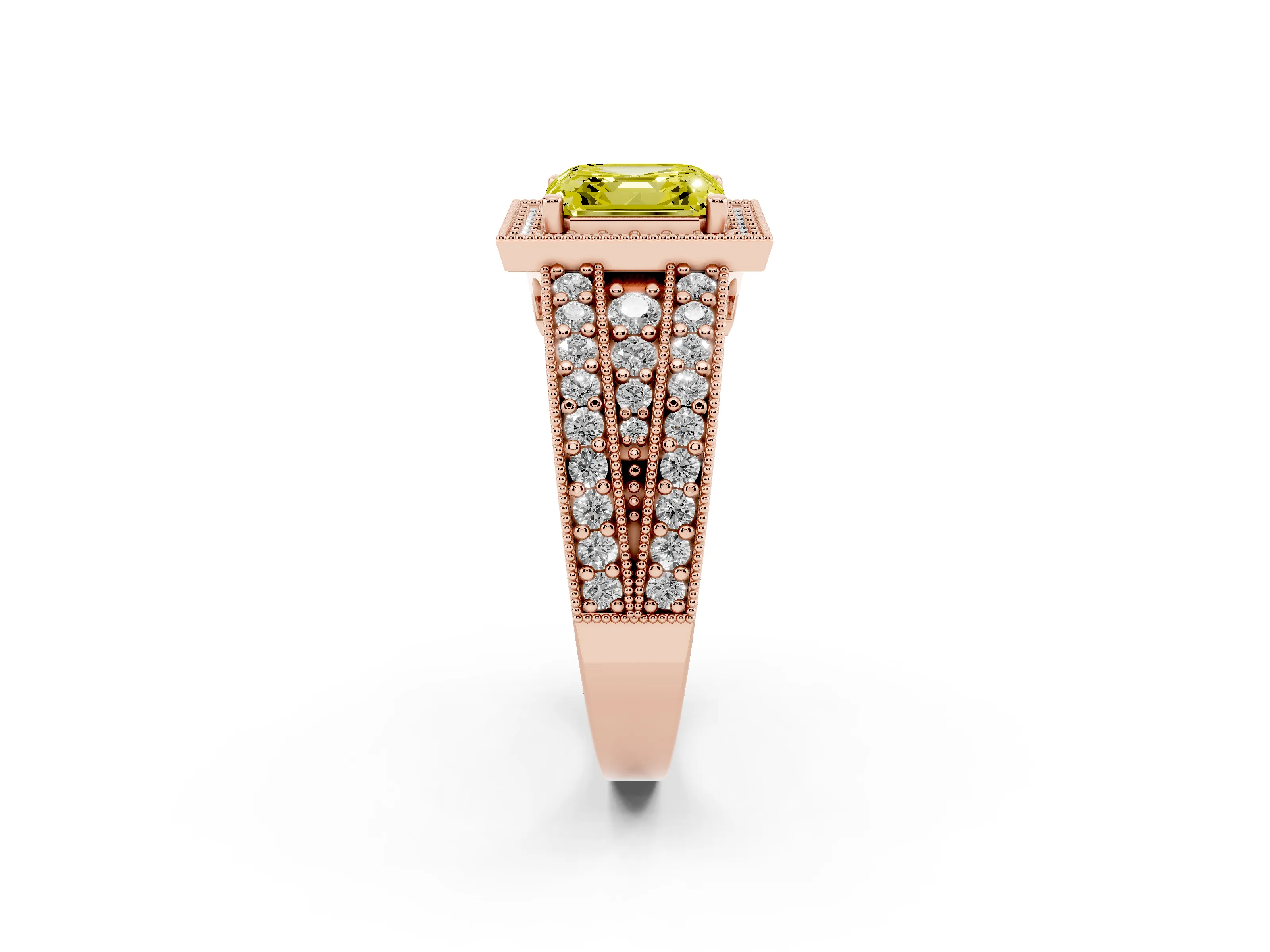 Fancy Yellow Asscher Cut Diamond Halo Ring Set in Rose gold with Accent Split Shank and Prong Setting