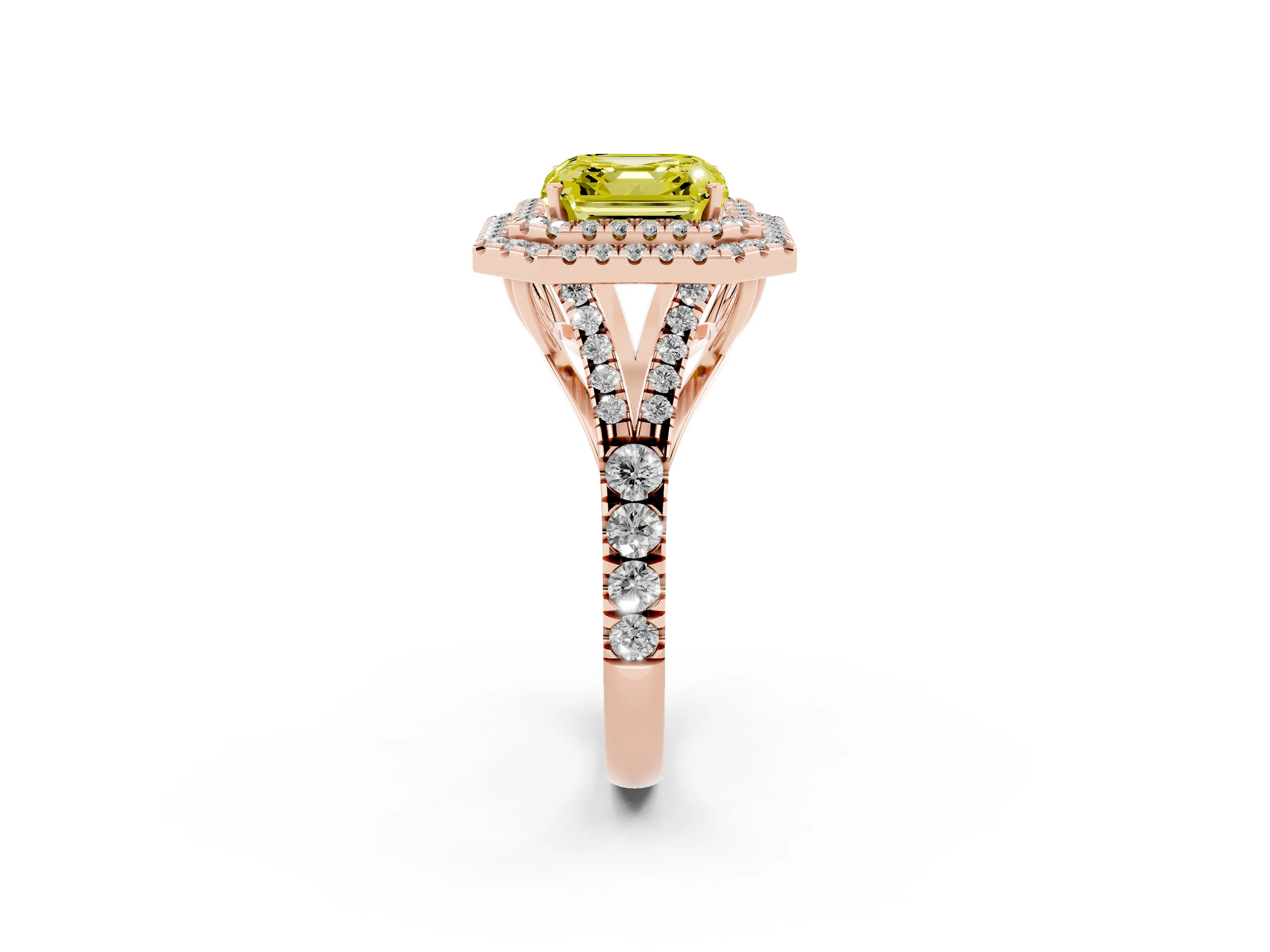 Fancy Yellow Asscher Cut Diamond Pavé Split Shank Double Halo Engagement Ring Set in Rose gold