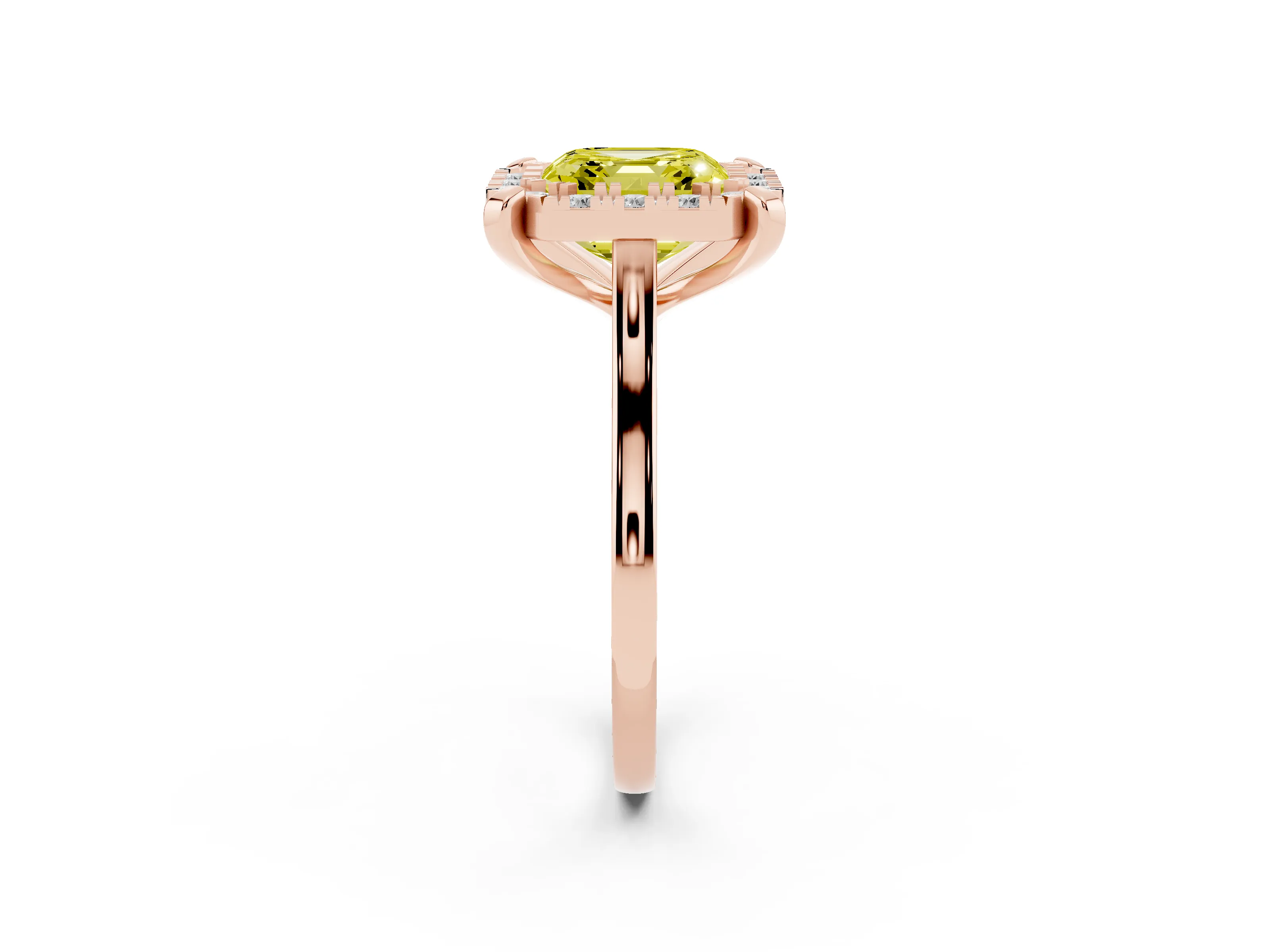 Fancy Yellow Asscher Cut Diamond Cluster Halo Solitaire Ring Set in Rose gold with Prong Setting