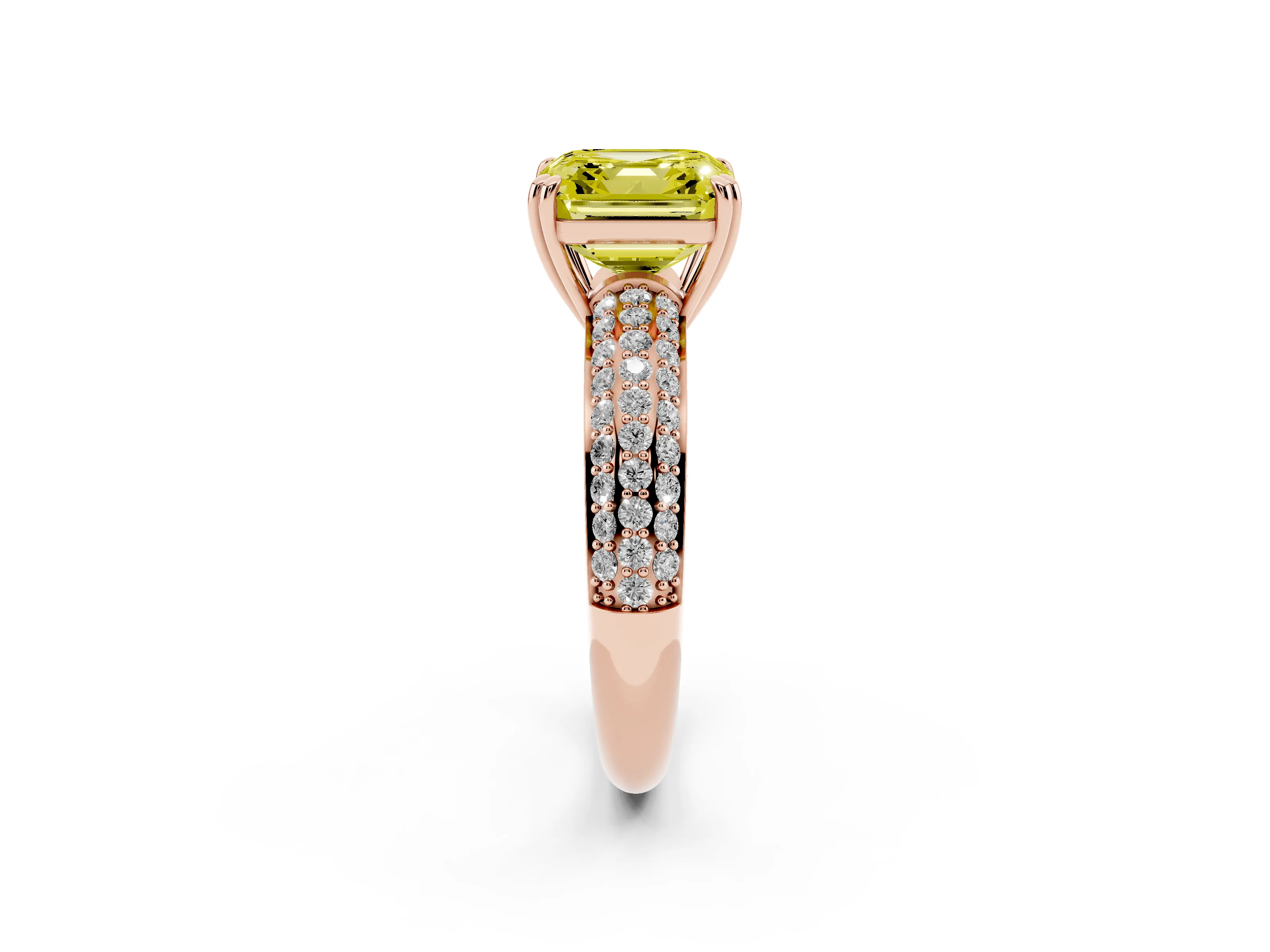 Fancy Yellow Asscher Cut Diamond Solitaire Ring Set in Rose gold with Multi-Row Round Pavé Band and Prong Setting