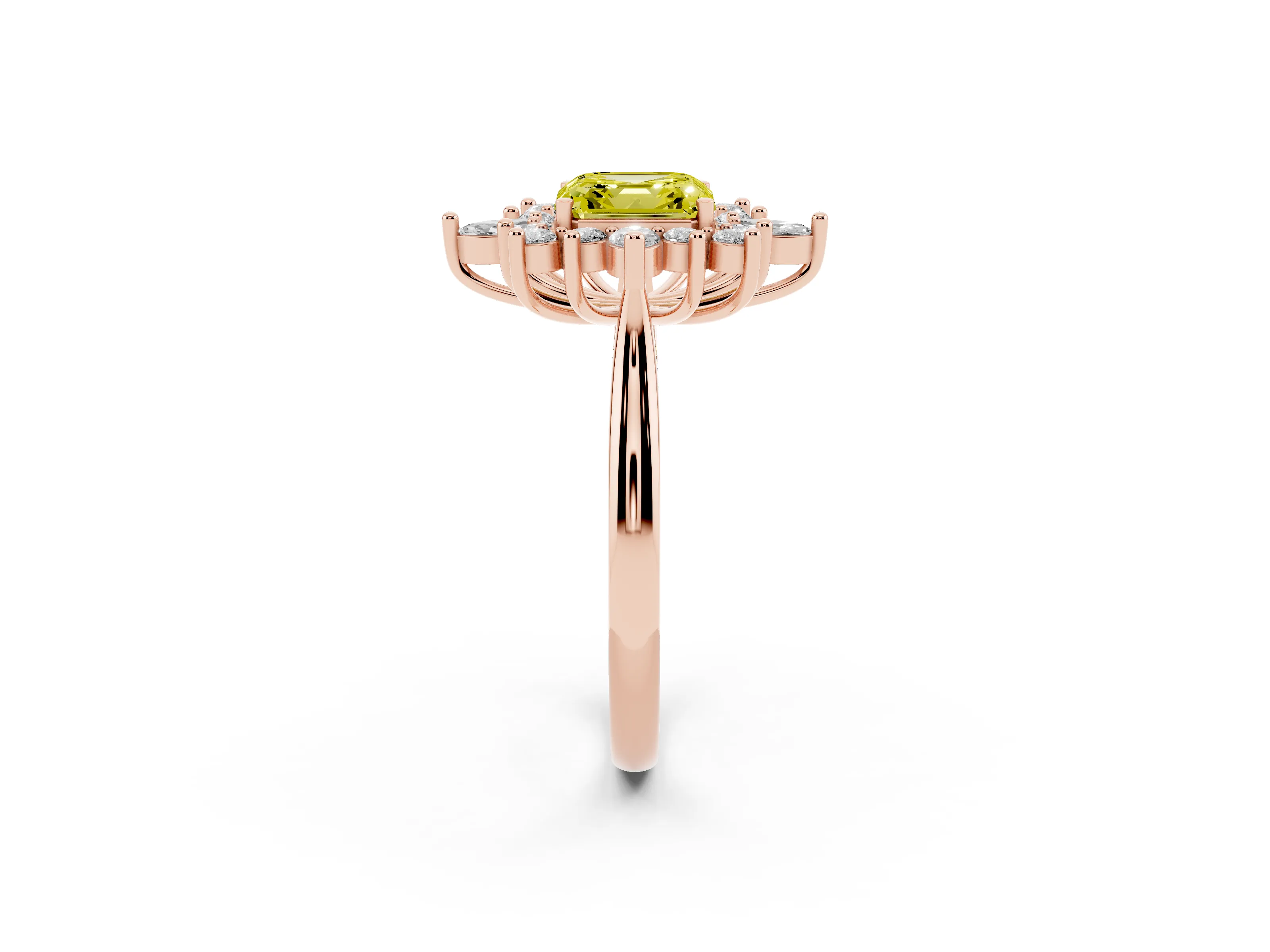 Fancy Yellow Asscher Cut Diamond Cluster Halo Ring Set in Rose gold with Marquise and Round Accents