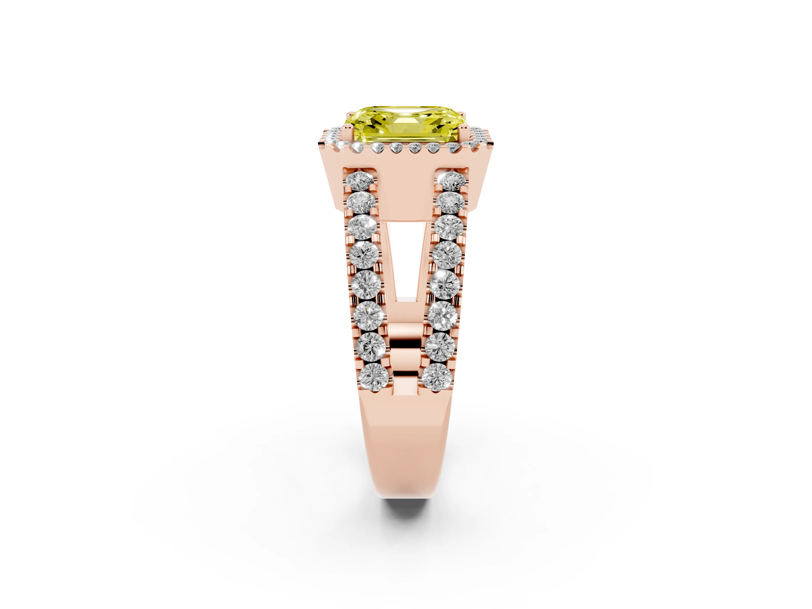 Fancy Yellow Asscher Cut Diamond Halo Ring Set in Rose gold with Pavé Split Shank and Prong Setting