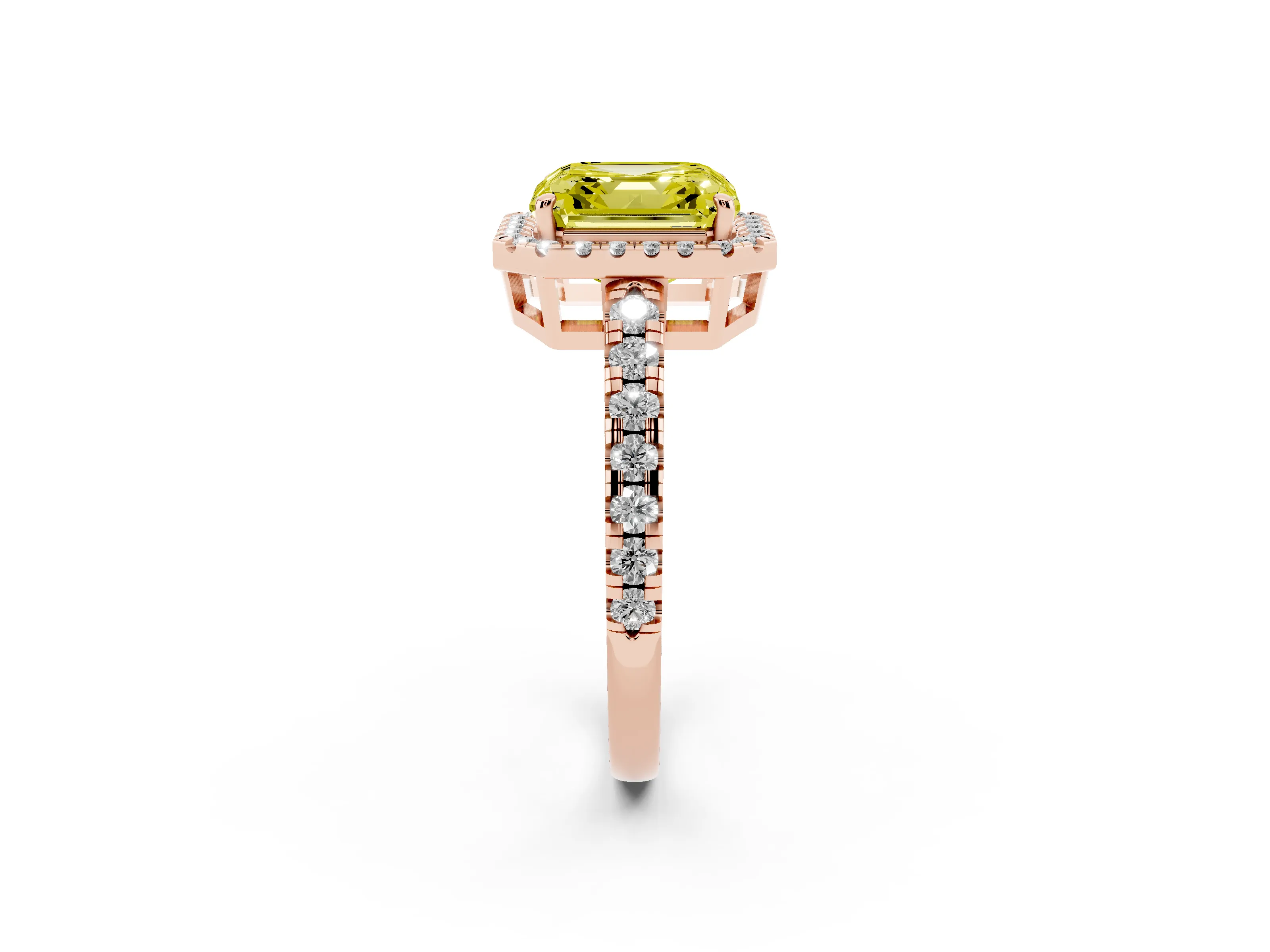 Fancy Yellow Asscher Cut Diamond Halo Ring Set in Rose gold with Delicate Pavé Band and Prong Setting