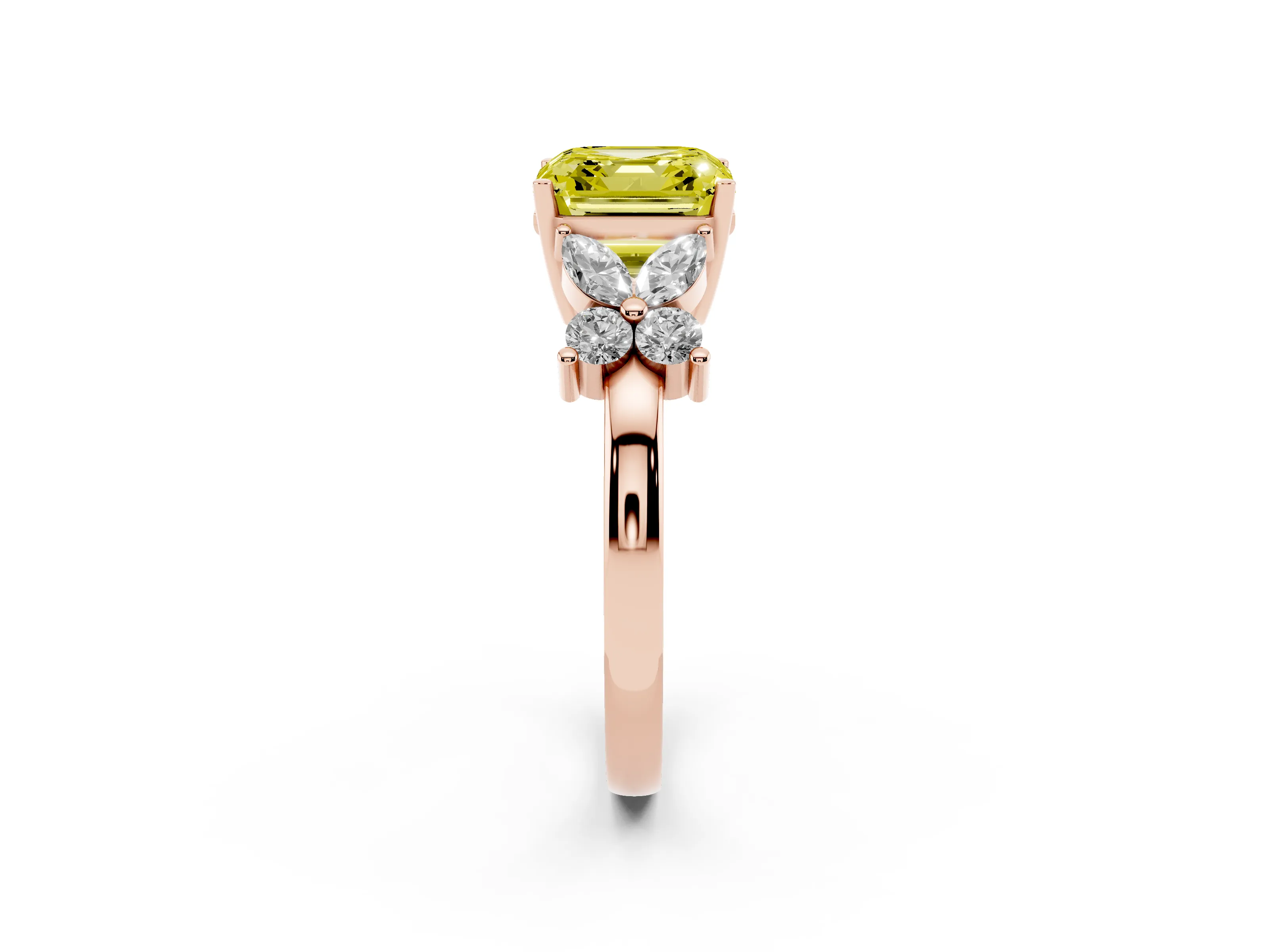 Fancy Yellow Asscher Cut Diamond Floral Cluster Ring Set in Rose gold with Marquise Petals and Prong Setting