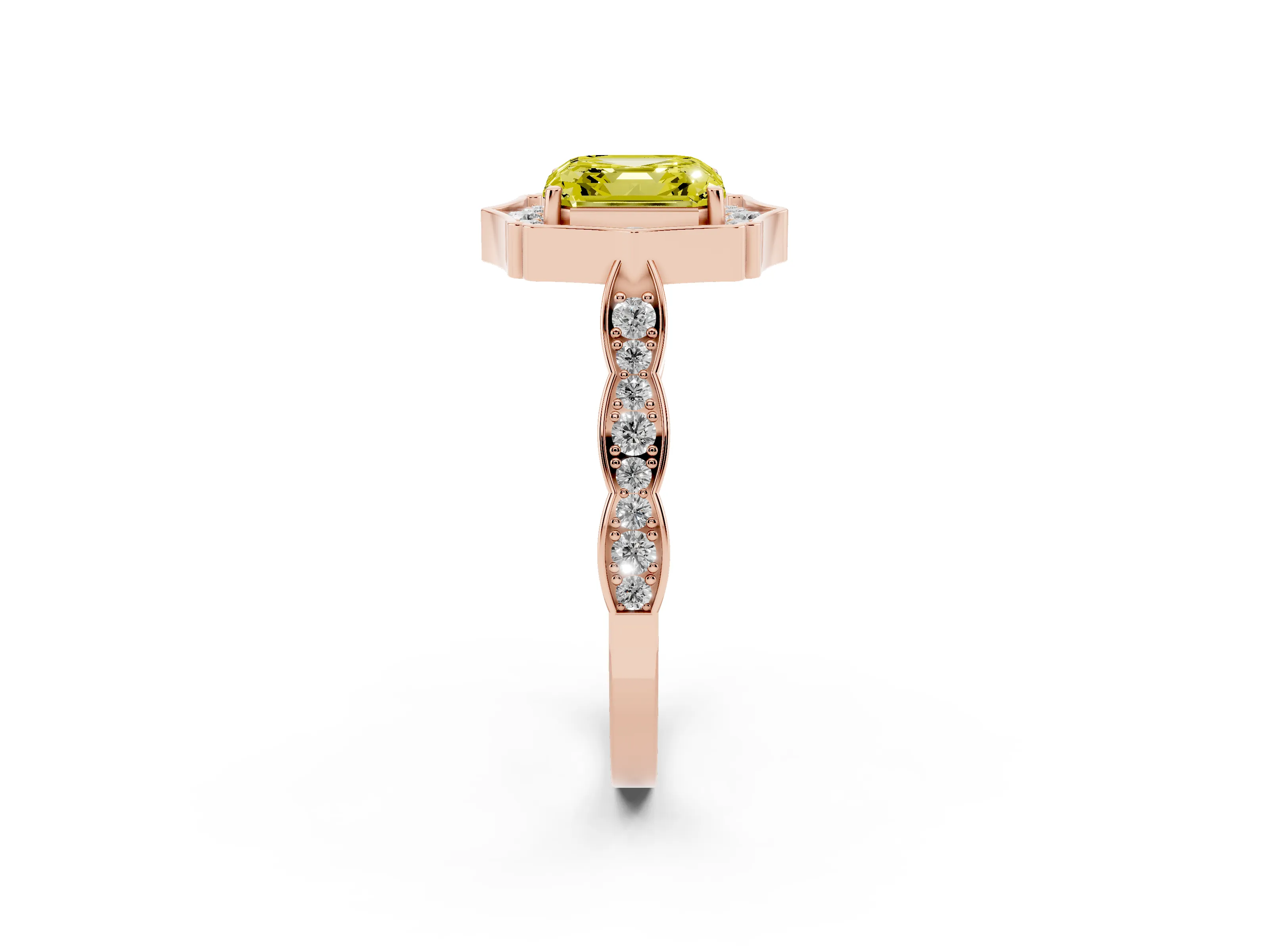 Fancy Yellow Asscher Cut Diamond Halo Engagement Ring Set in Rose gold with Milgrain Band and Prong Setting