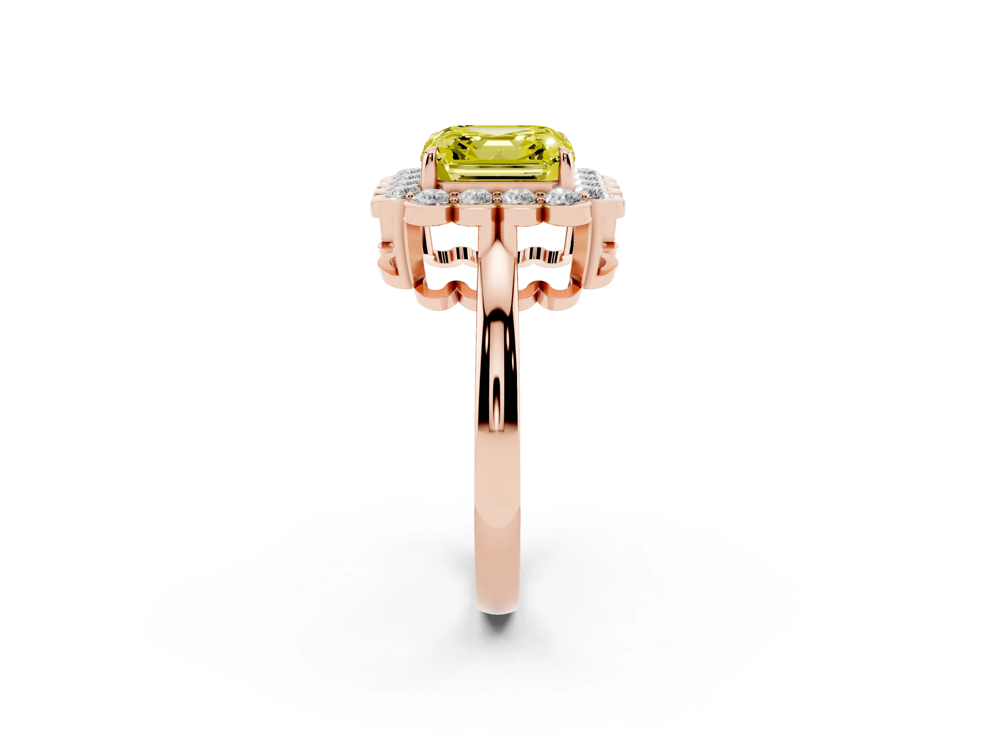 Fancy Yellow Asscher Cut Diamond Halo Cluster Engagement Ring Set in Rose gold with Solitaire Band and Prong Setting