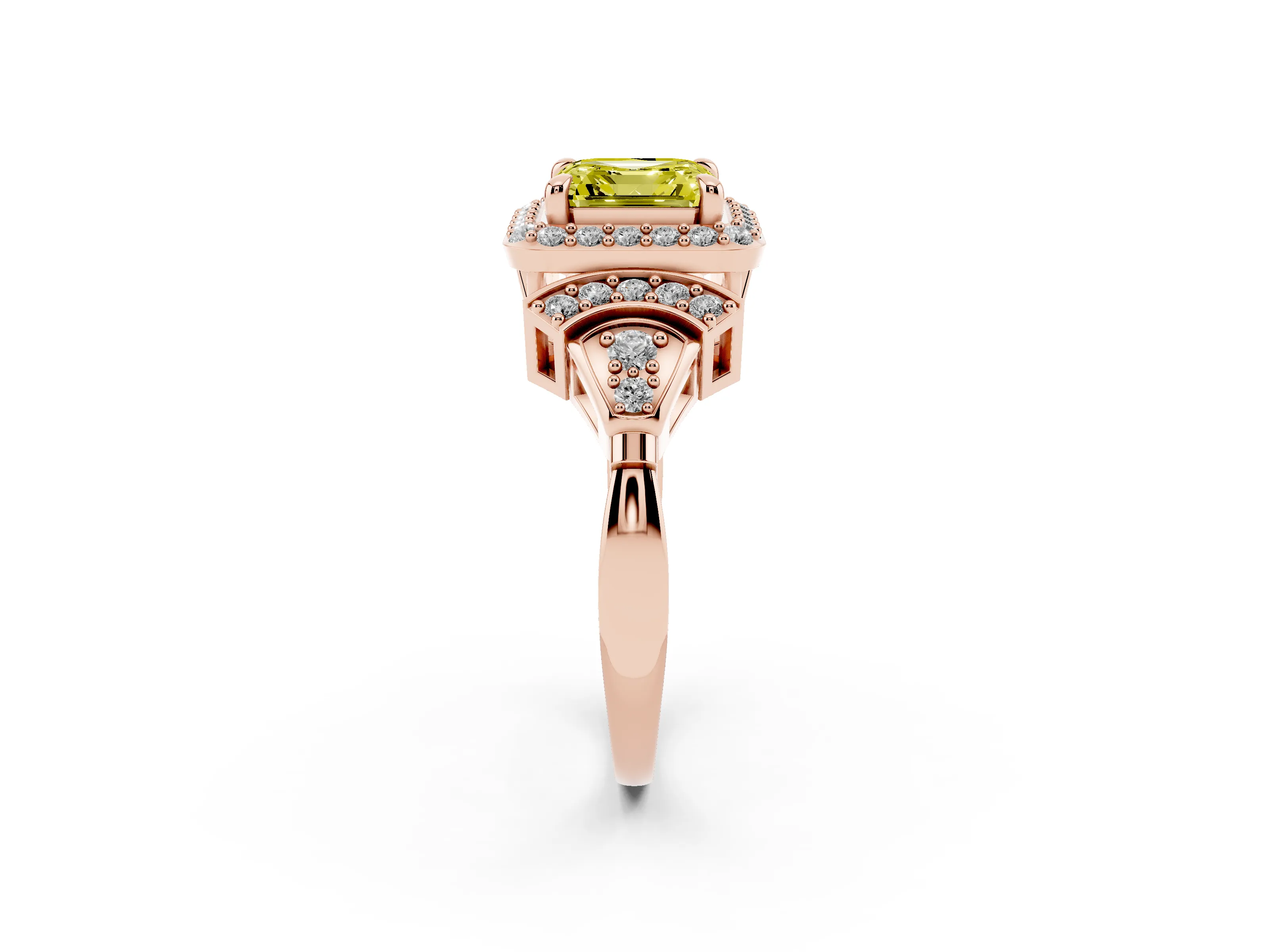 Fancy Yellow Asscher Cut Diamond Halo Engagement Ring Set in Rose gold with Accent Stone Split Shank