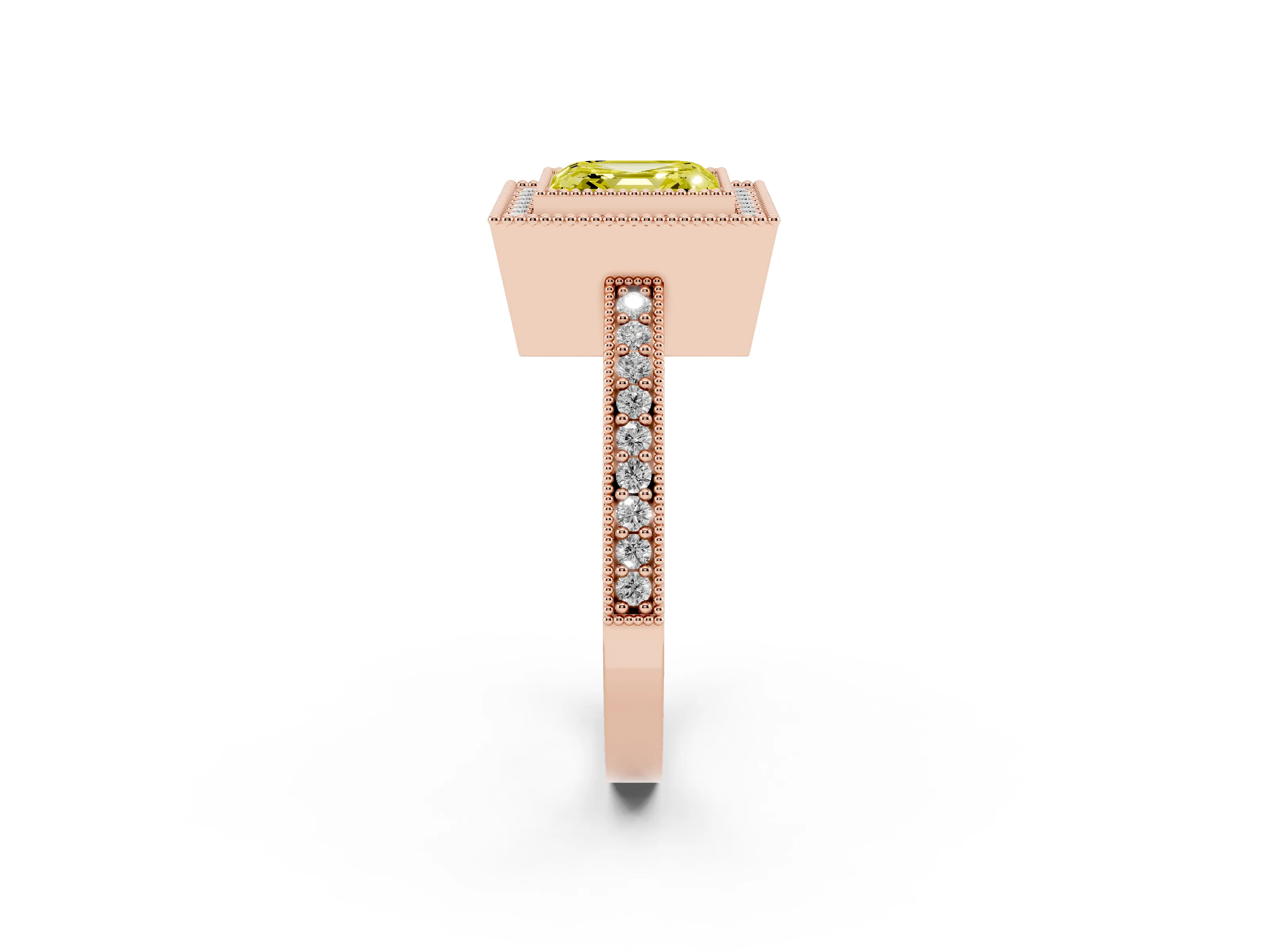 Fancy Yellow Asscher Cut Diamond Halo Engagement Ring Set in Rose gold with Pavé Band and Round Halo Stones