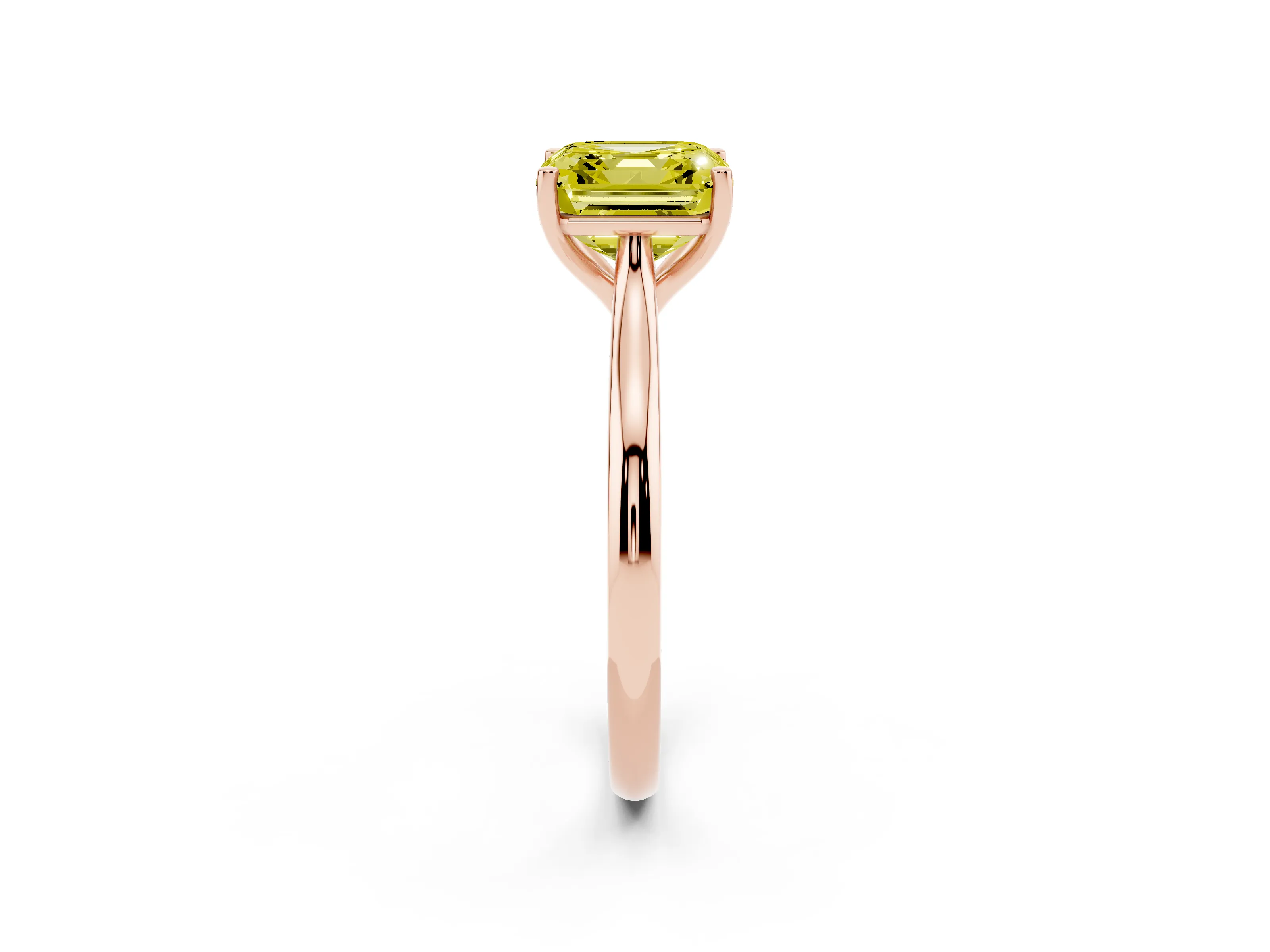 Fancy Yellow Asscher Cut Diamond Solitaire Ring Set in Rose gold with Cathedral Band and Prong Setting