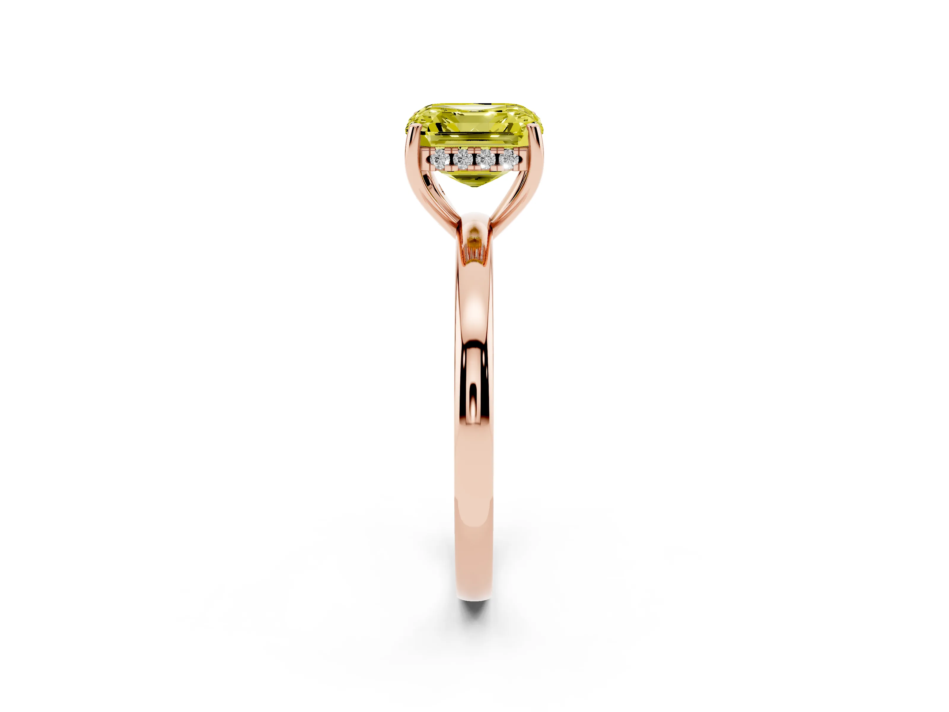 Fancy Yellow Asscher Cut Diamond Solitaire Ring Set in Rose gold with Plain Band and Prong Setting