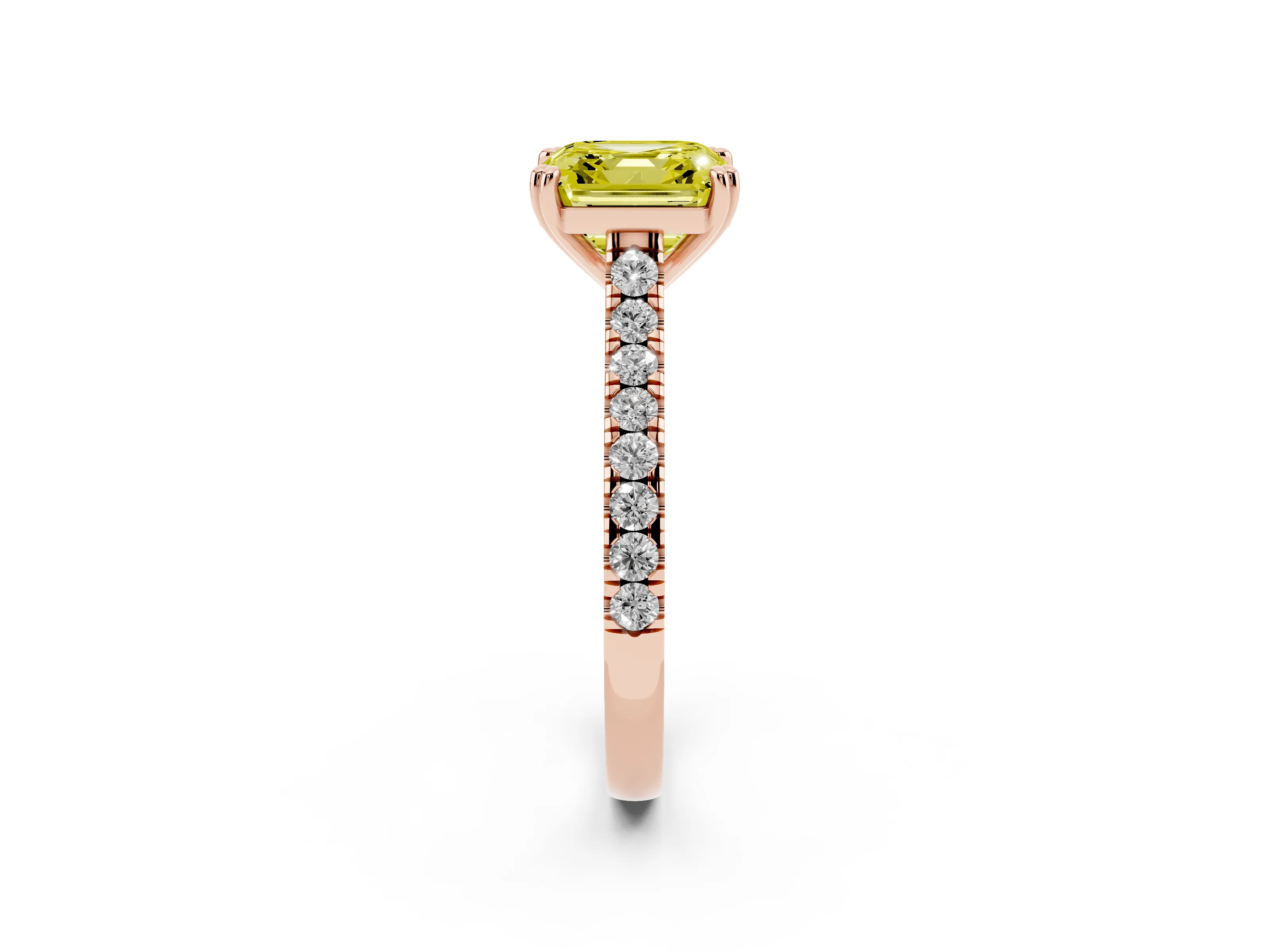 Fancy Yellow Asscher Cut Diamond Solitaire Engagement Ring Set in Rose gold with Pavé Accents and Prong Setting