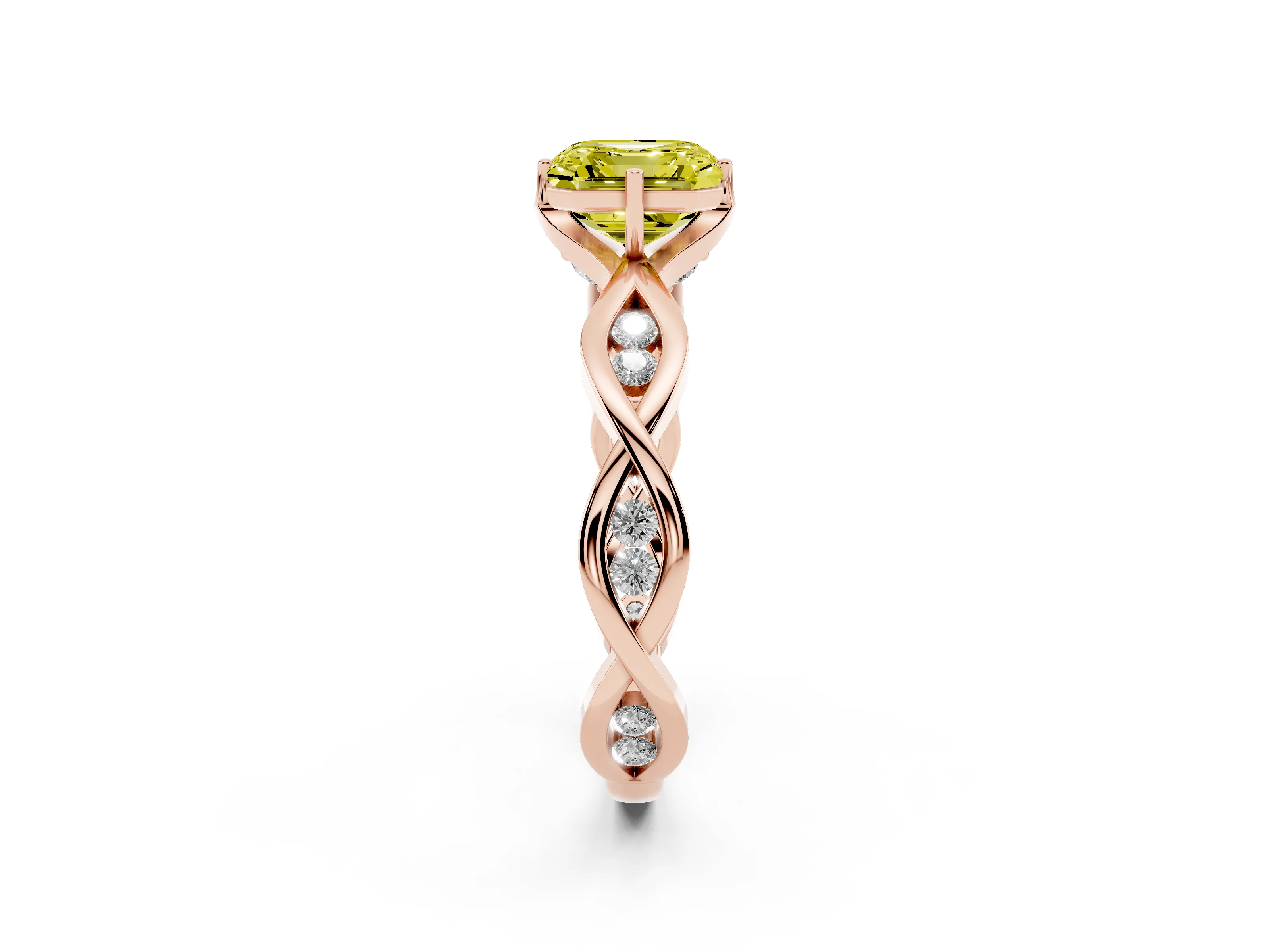 Fancy Yellow Asscher Cut Diamond Twist Band Solitaire Ring Set in Rose gold with Leaf Prong Setting and Accent Stones