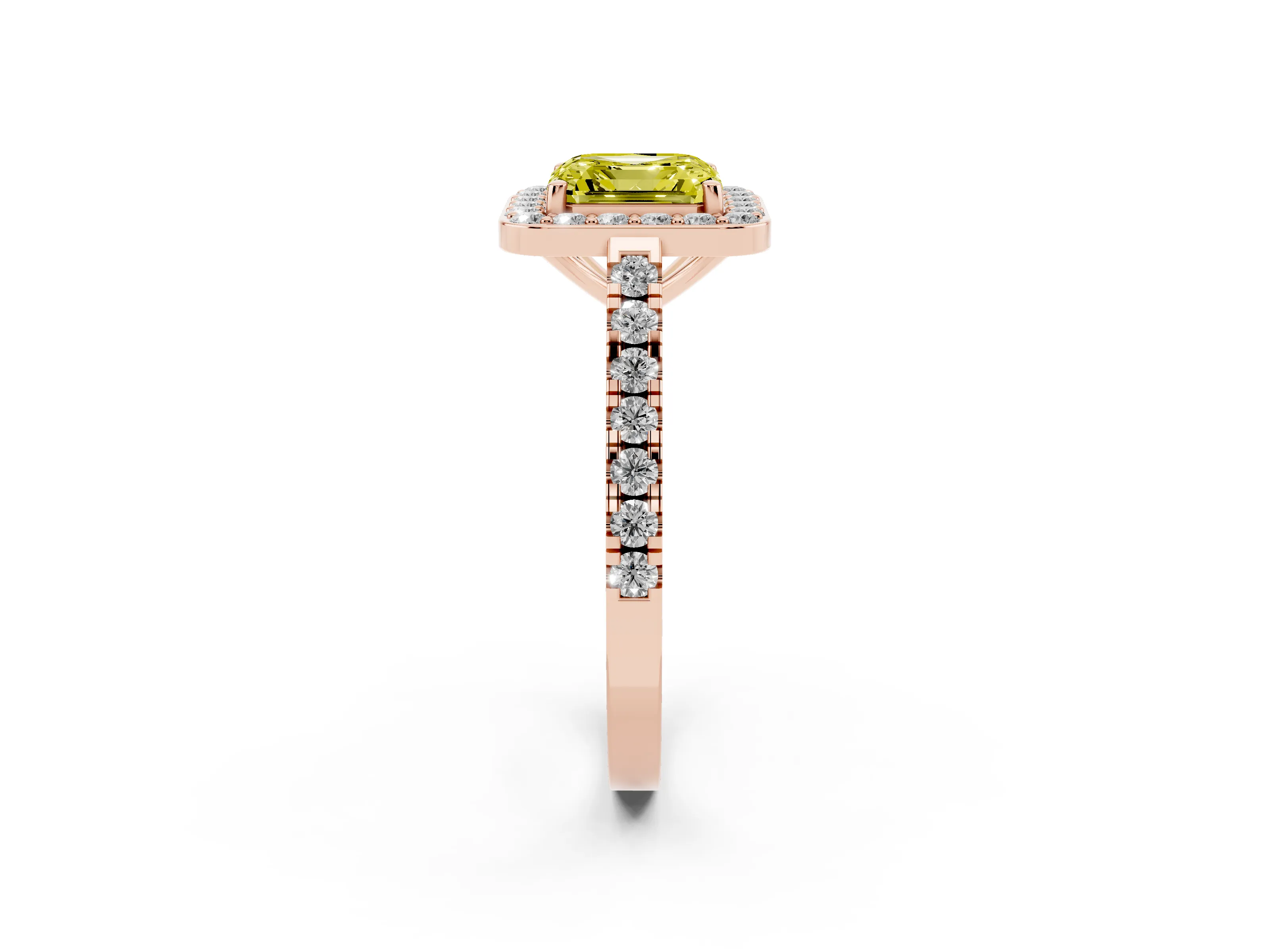 Fancy Yellow Asscher Cut Diamond Halo Ring Set in Rose gold with Round Pavé Split Shank and Prong Setting