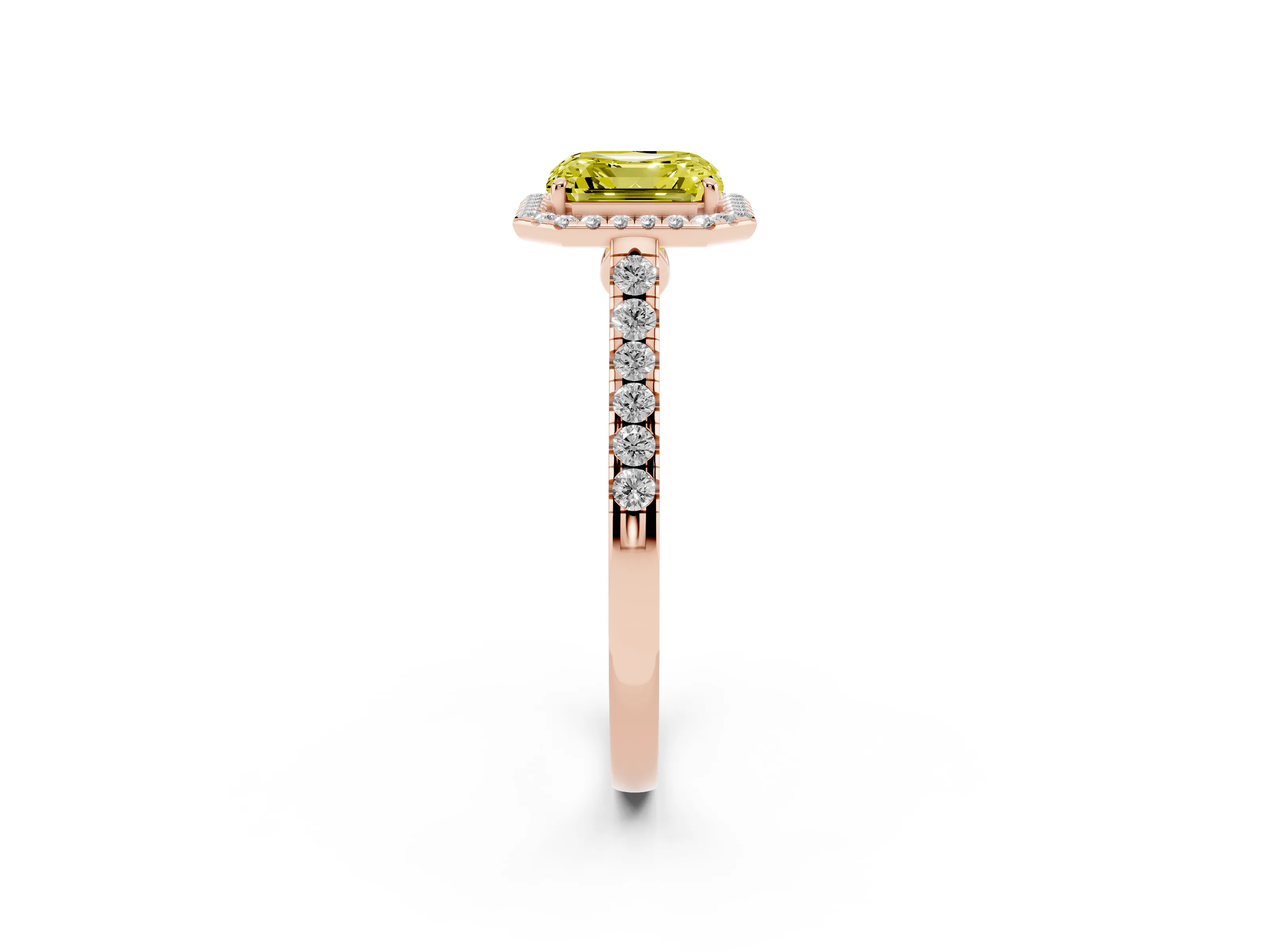 Fancy Yellow Asscher Cut Diamond Halo Pavé Engagement Ring Set in Rose gold with Prong Setting