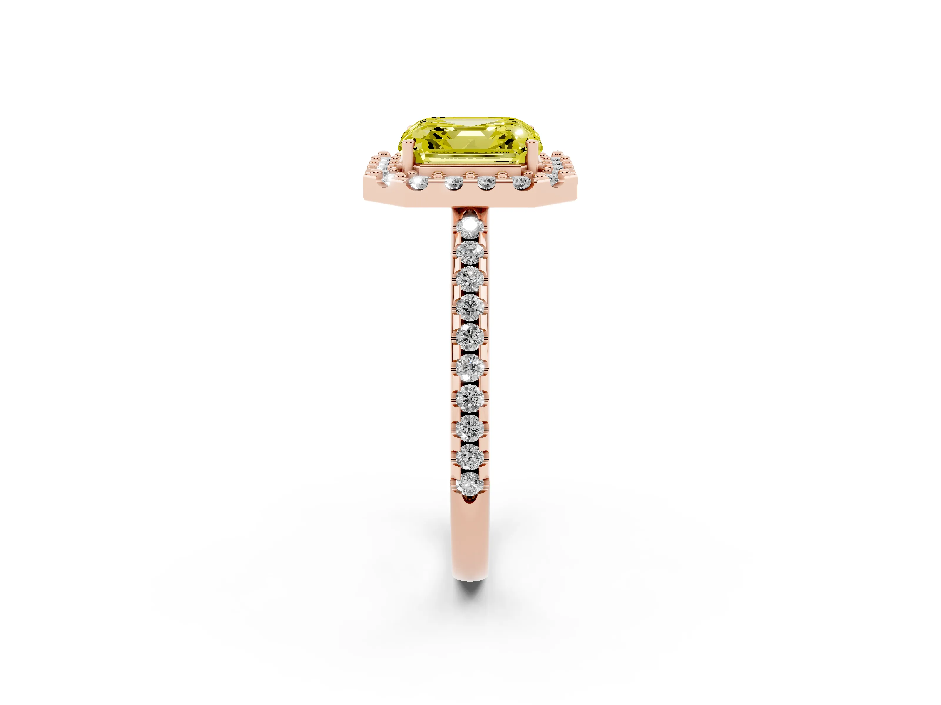 Fancy Yellow Asscher Cut Diamond Pavé Halo Ring Set in Rose gold with Prong Setting