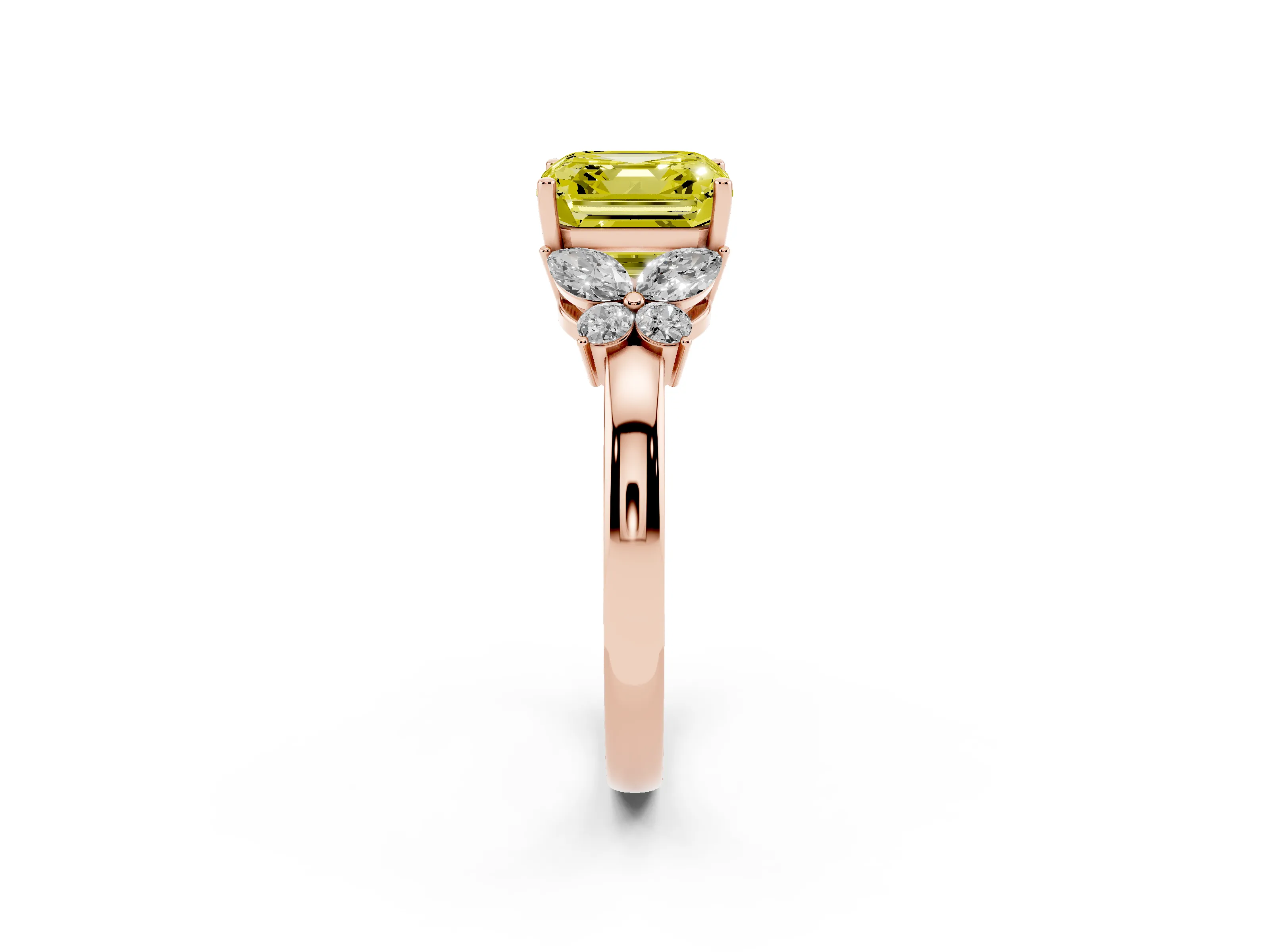 Fancy Yellow Asscher Cut Diamond Solitaire Floral Ring Set in Rose gold with Marquise Petals and Prong Setting