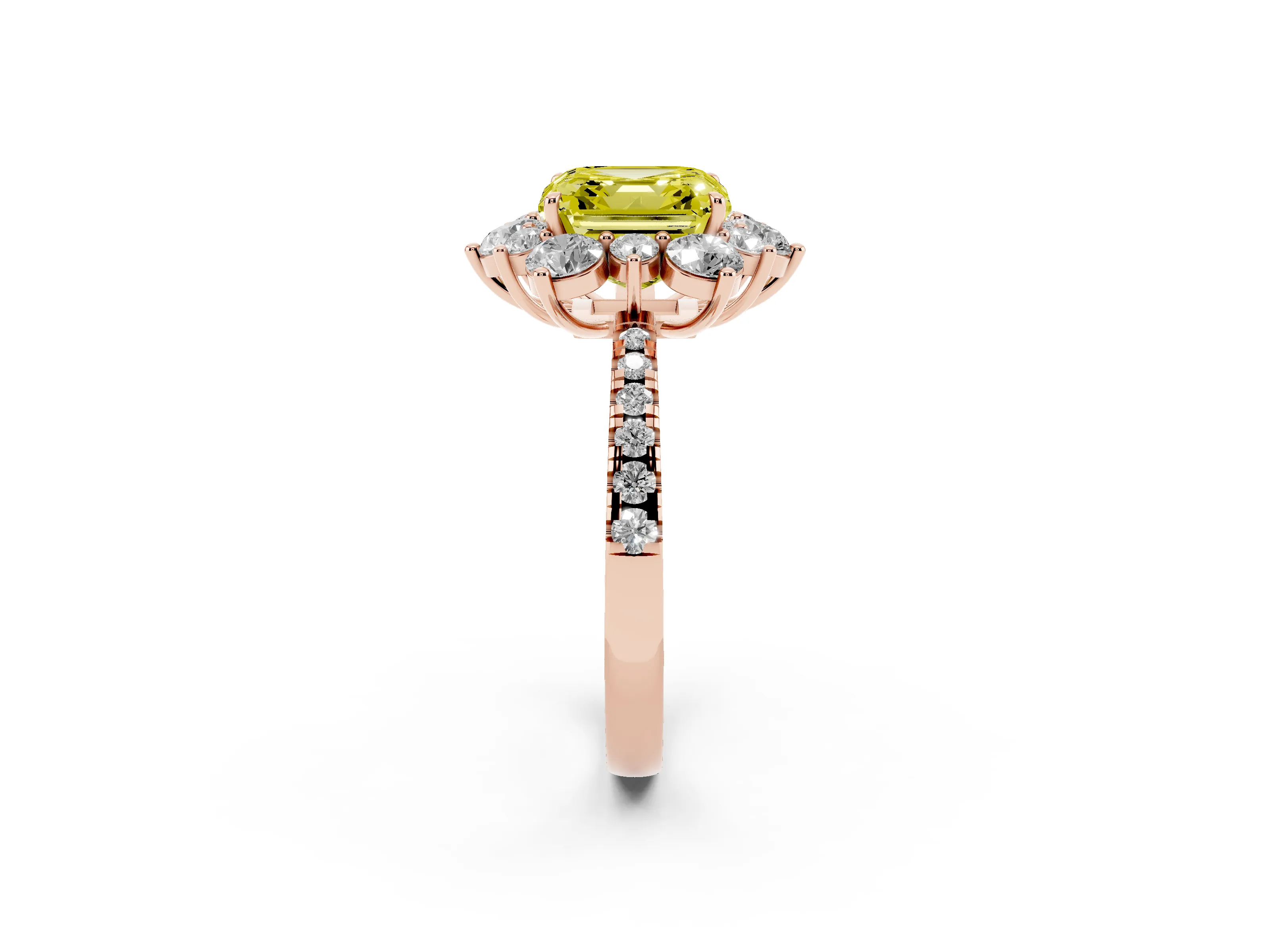 Fancy Yellow Asscher Cut Diamond Floral Halo Ring Set in Rose gold with Round Pavé Band and Prong Setting