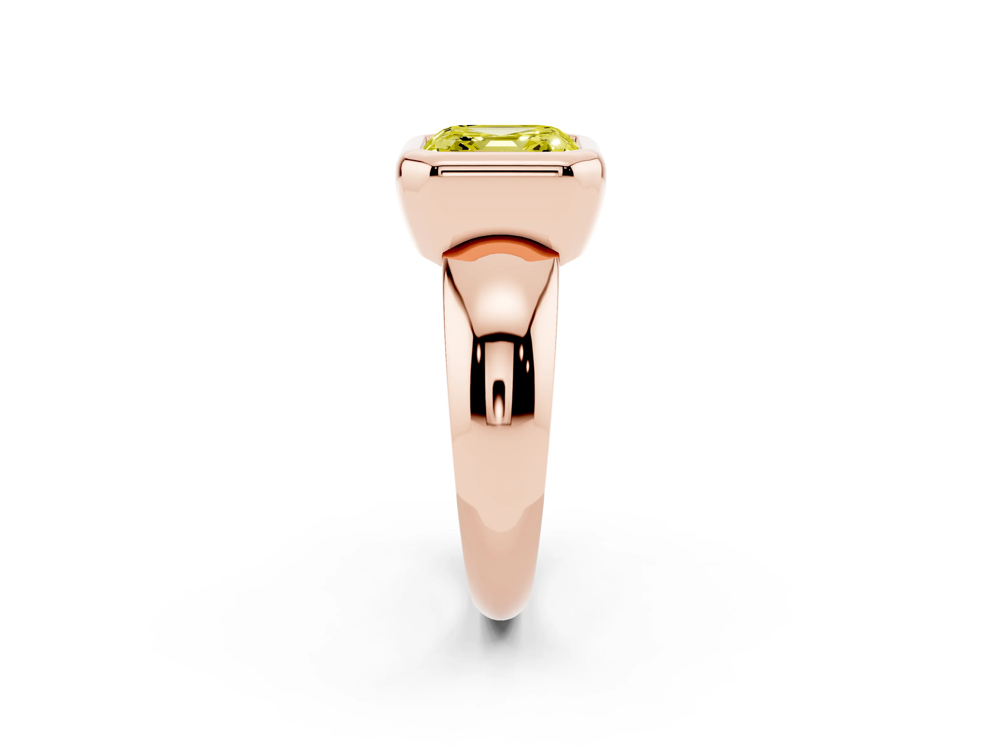 Fancy Yellow Bezel Set Asscher Cut Diamond Solitaire Ring Set in Rose gold with Wide Band