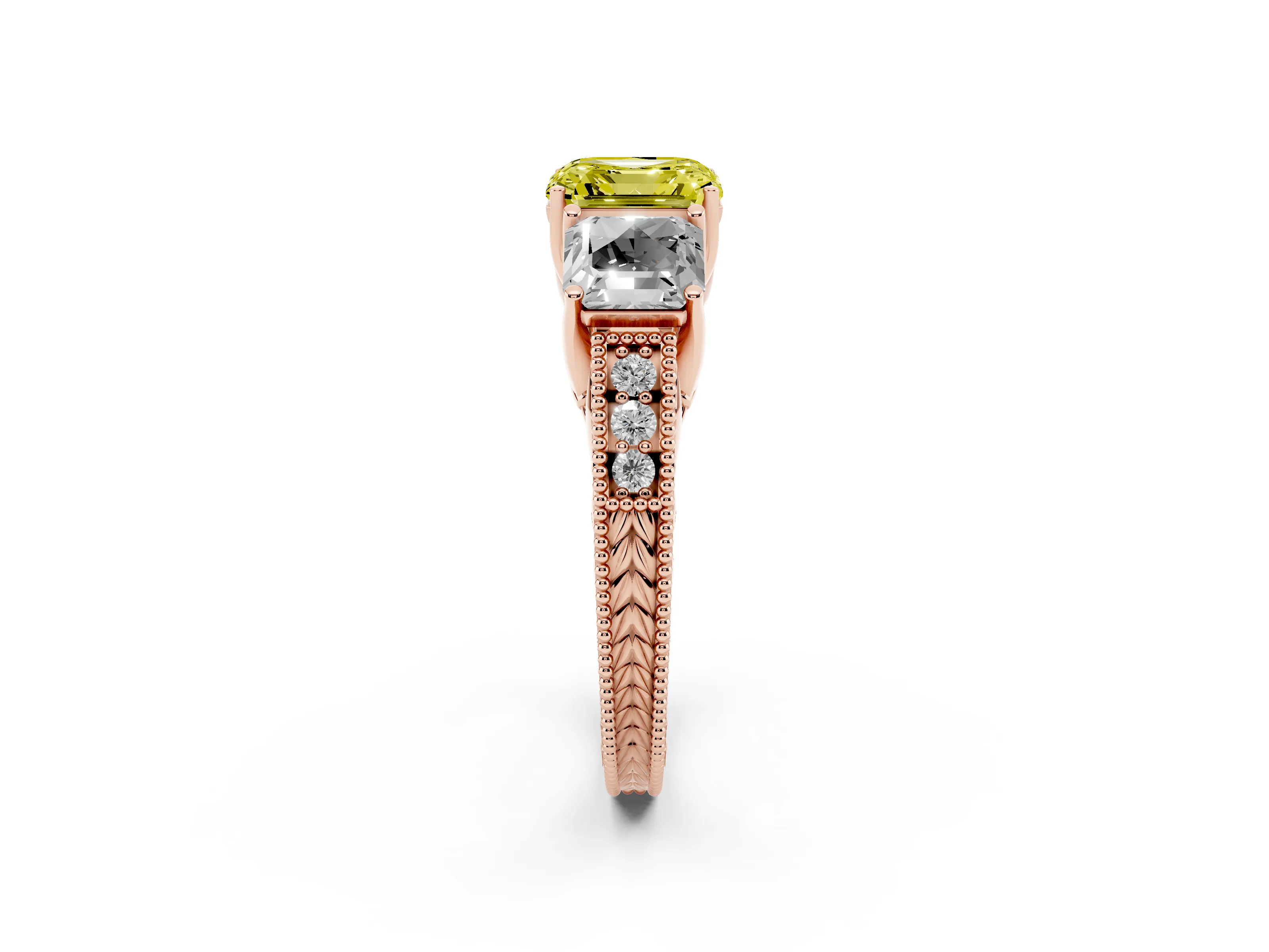 Fancy Yellow Asscher Cut Diamond Three-Stone Engagement Ring Set in Rose gold with Milgrain Pavé Band