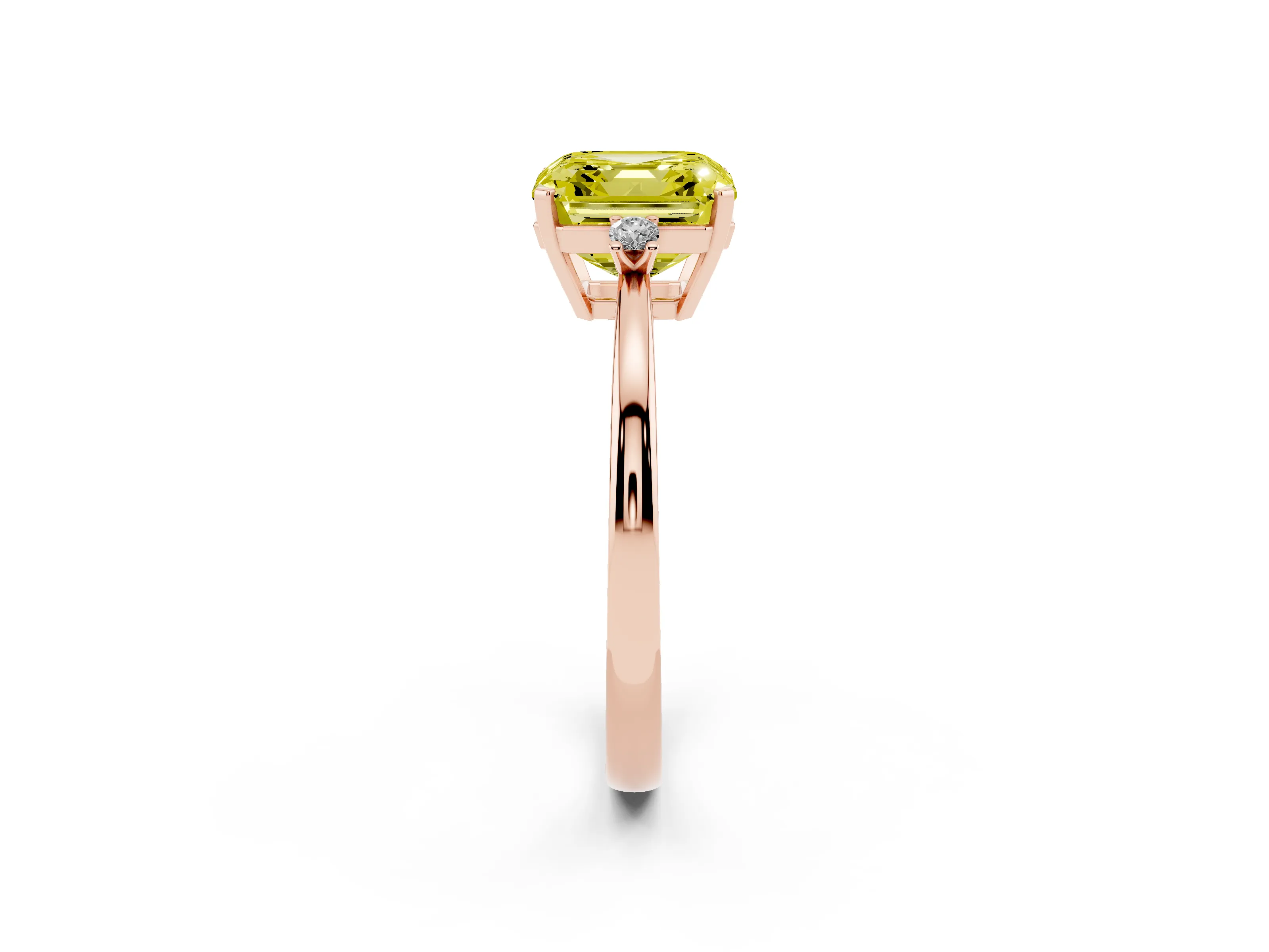 Fancy Yellow Three-Stone Asscher Cut Diamond Solitaire Ring Set in Rose gold with Round Accent Stones and Prong Setting