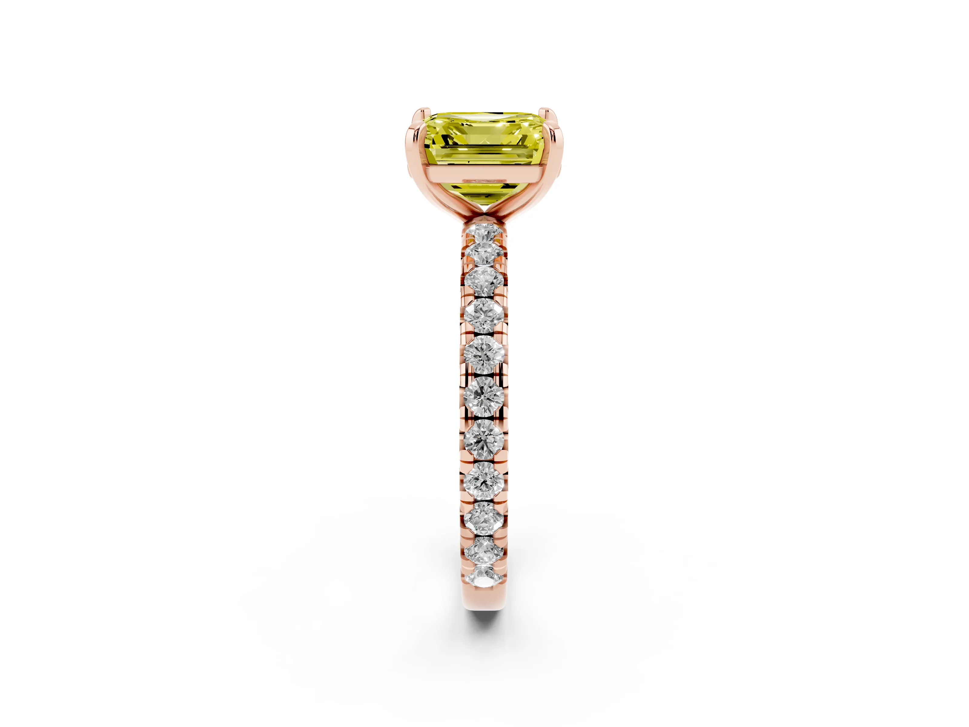 Fancy Yellow Asscher Cut Diamond Pavé Solitaire Ring Set in Rose gold with Round Band and Prong Setting