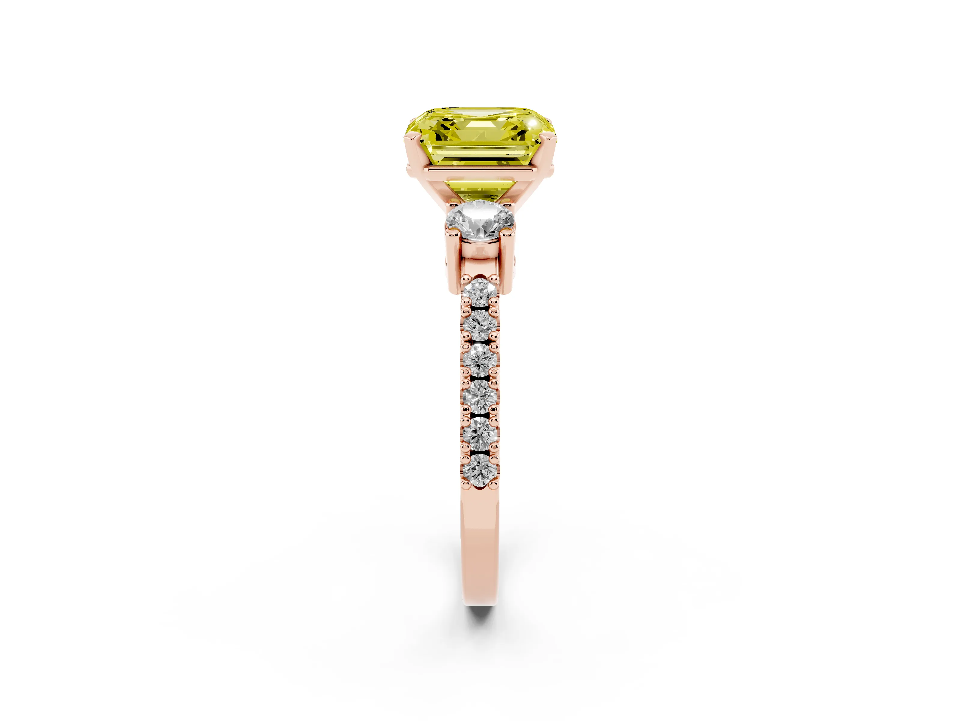 Fancy Yellow Three-Stone Asscher Cut Diamond Pavé Band Ring Set in Rose gold with Prong Setting