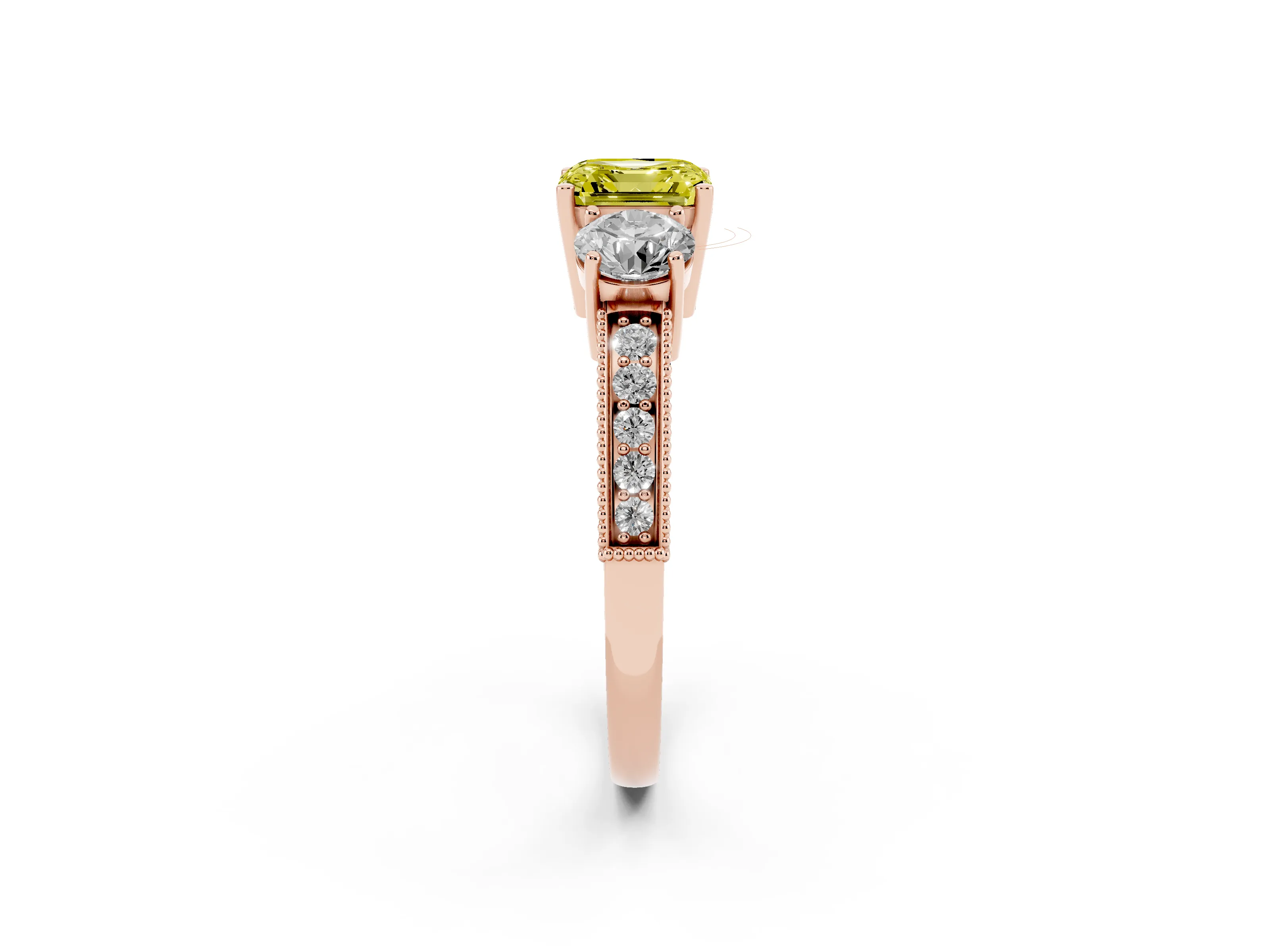 Fancy Yellow Asscher Cut Diamond Three-Stone Ring Set in Rose gold with Round Side Stones and Pavé Band