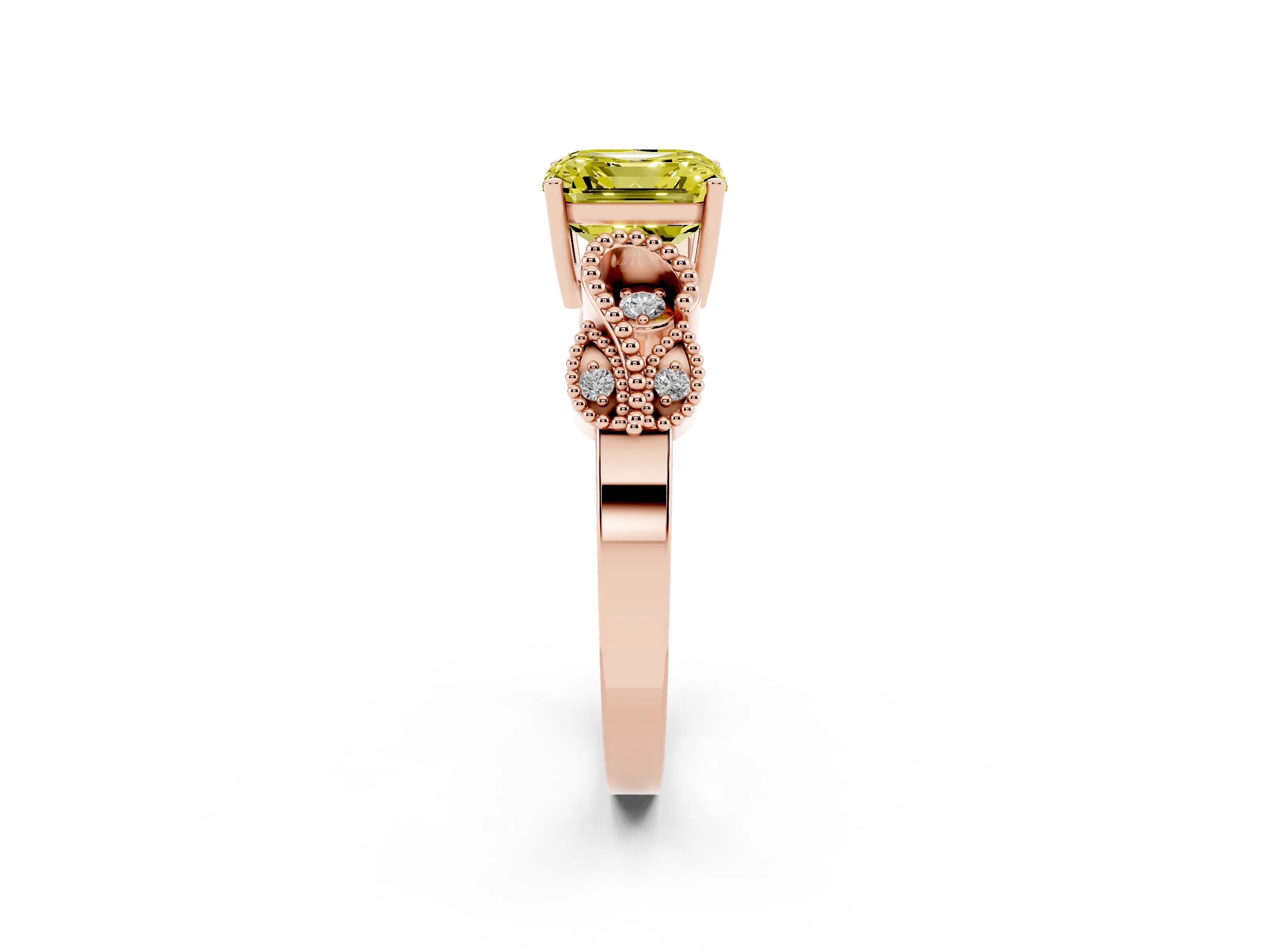 Fancy Yellow Asscher Cut Diamond Milgrain Leaf Band Solitaire Ring Set in Rose gold with Accent Stones and Prong Setting