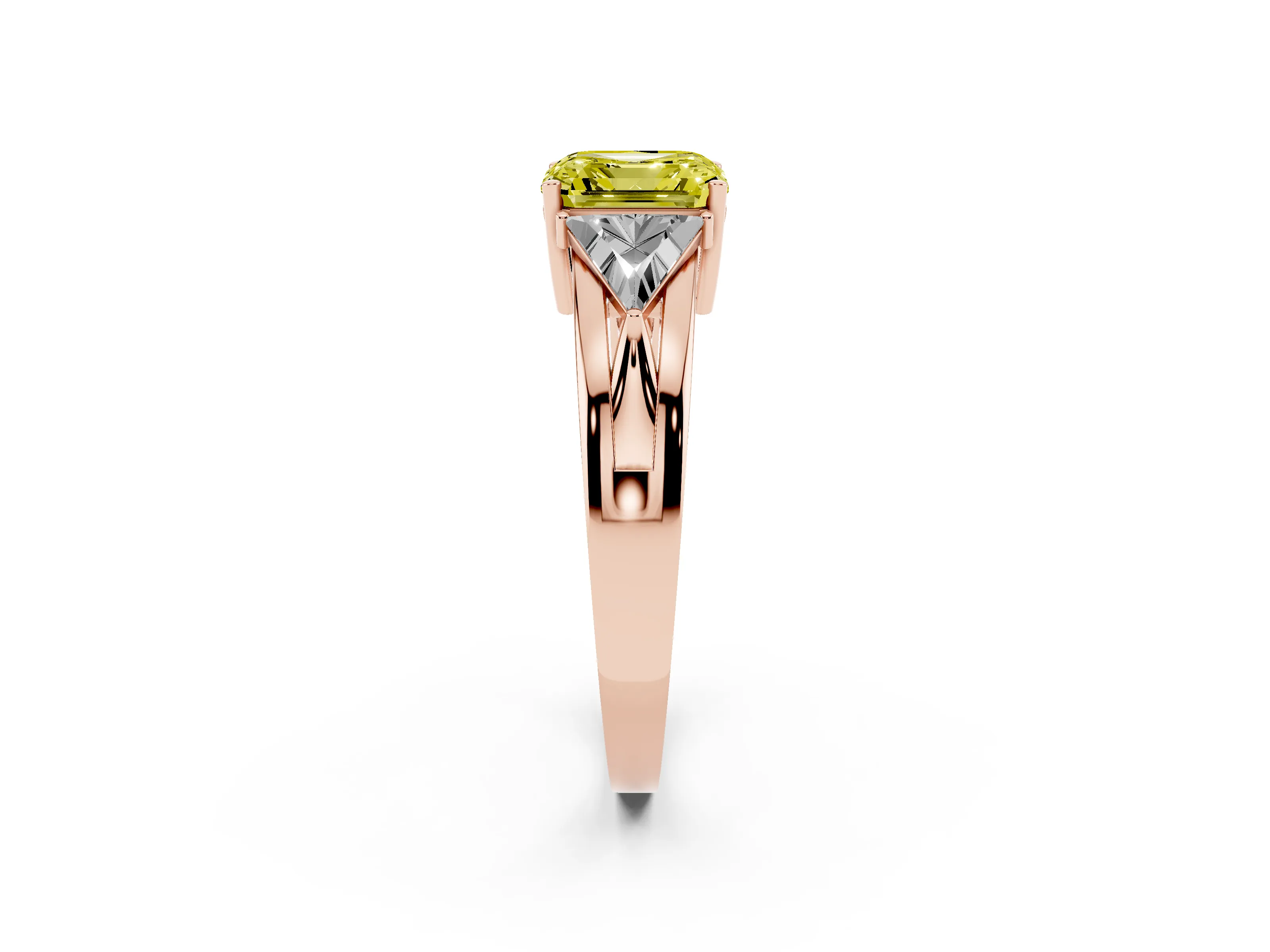 Fancy Yellow Asscher Cut Diamond Three-Stone Ring Set in Rose gold with Trillion Side Stones and Split Shank