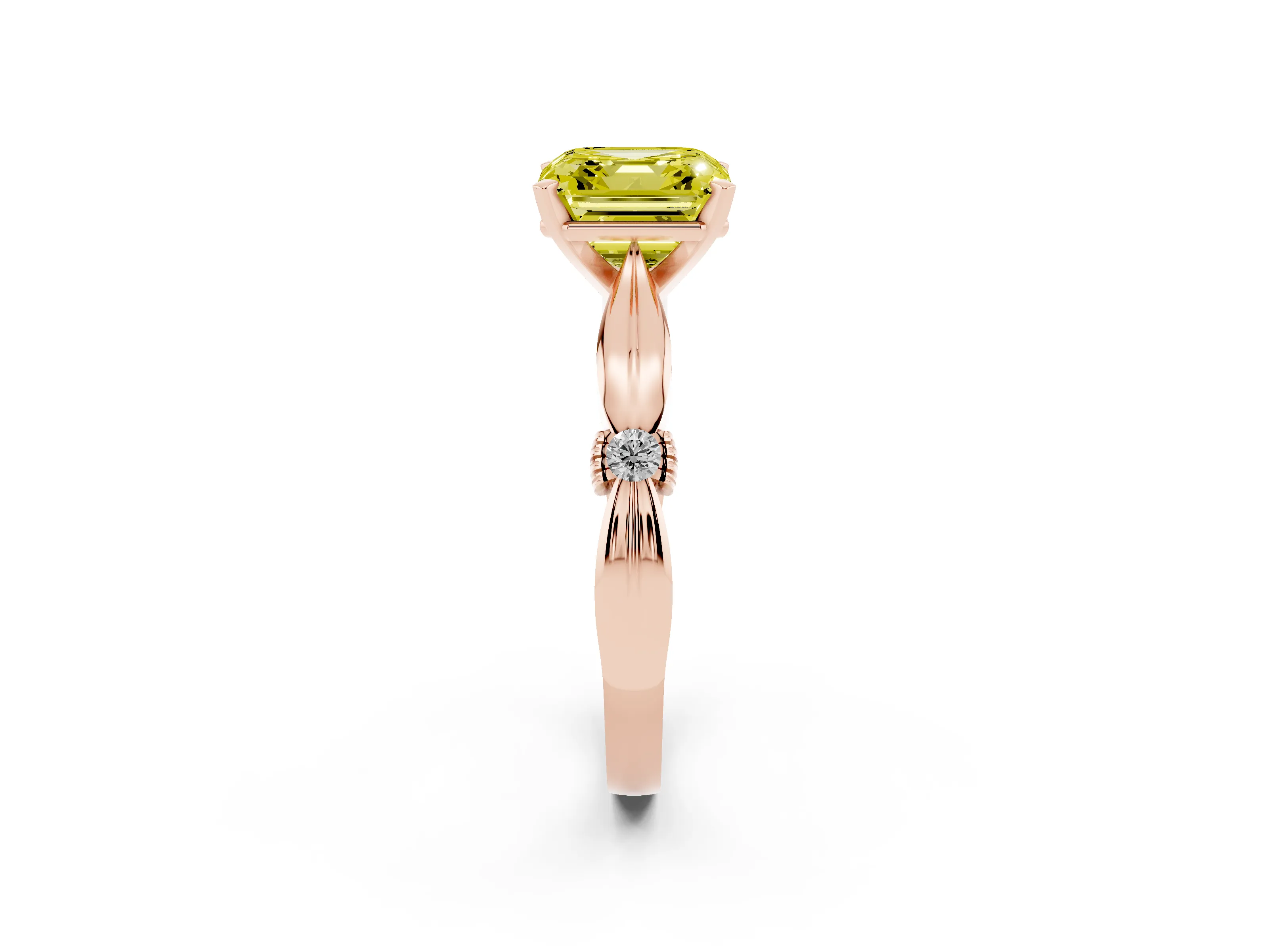 Fancy Yellow Asscher Cut Diamond Solitaire Twisted Band Ring Set in Rose gold with Accent Stones and Prong Setting