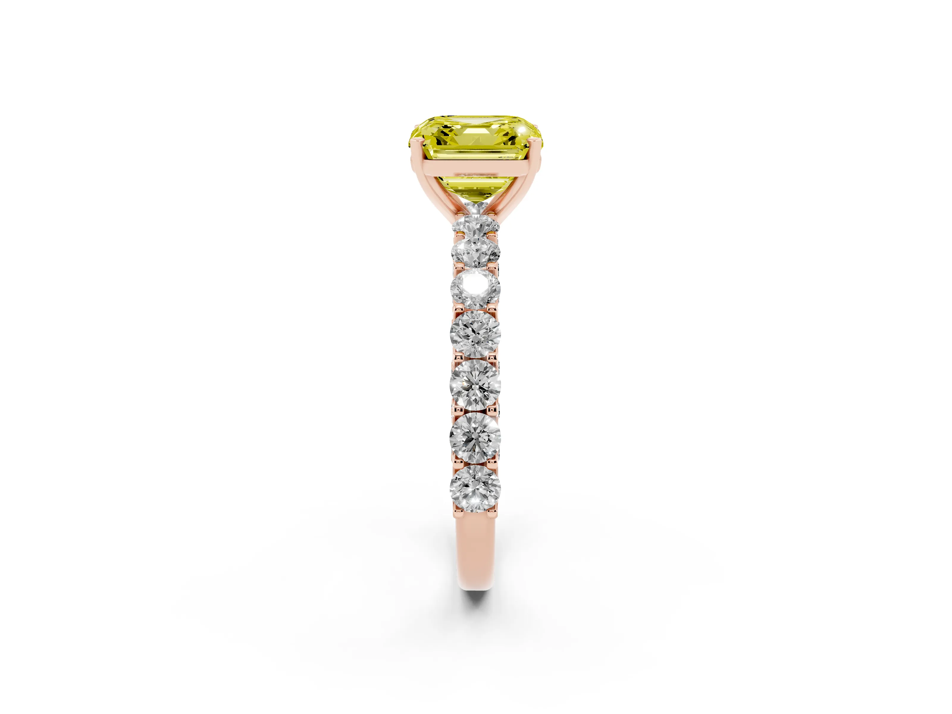 Fancy Yellow Asscher Cut Diamond Solitaire Ring Set in Rose gold with Shared Prong Pavé Band